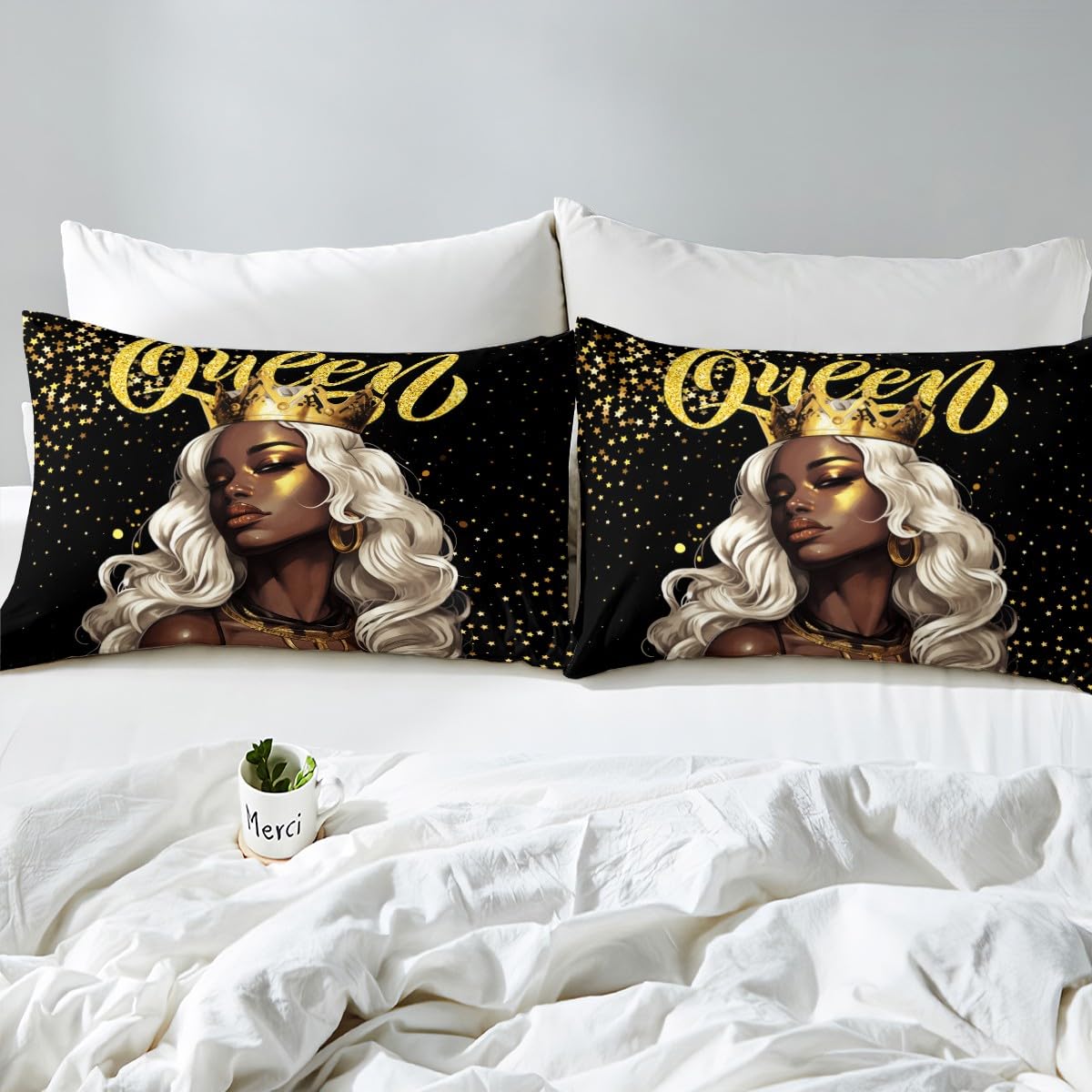 Black Woman Bedding Set Queen Size,Girls Crown Queen Golden Glitter Duvet Cover Set 3Pcs,African Style American Comforter Cover Boys Kids Teens Bedroom Decor,Fashion Beauty Quilt Cover,2 Pillowcases