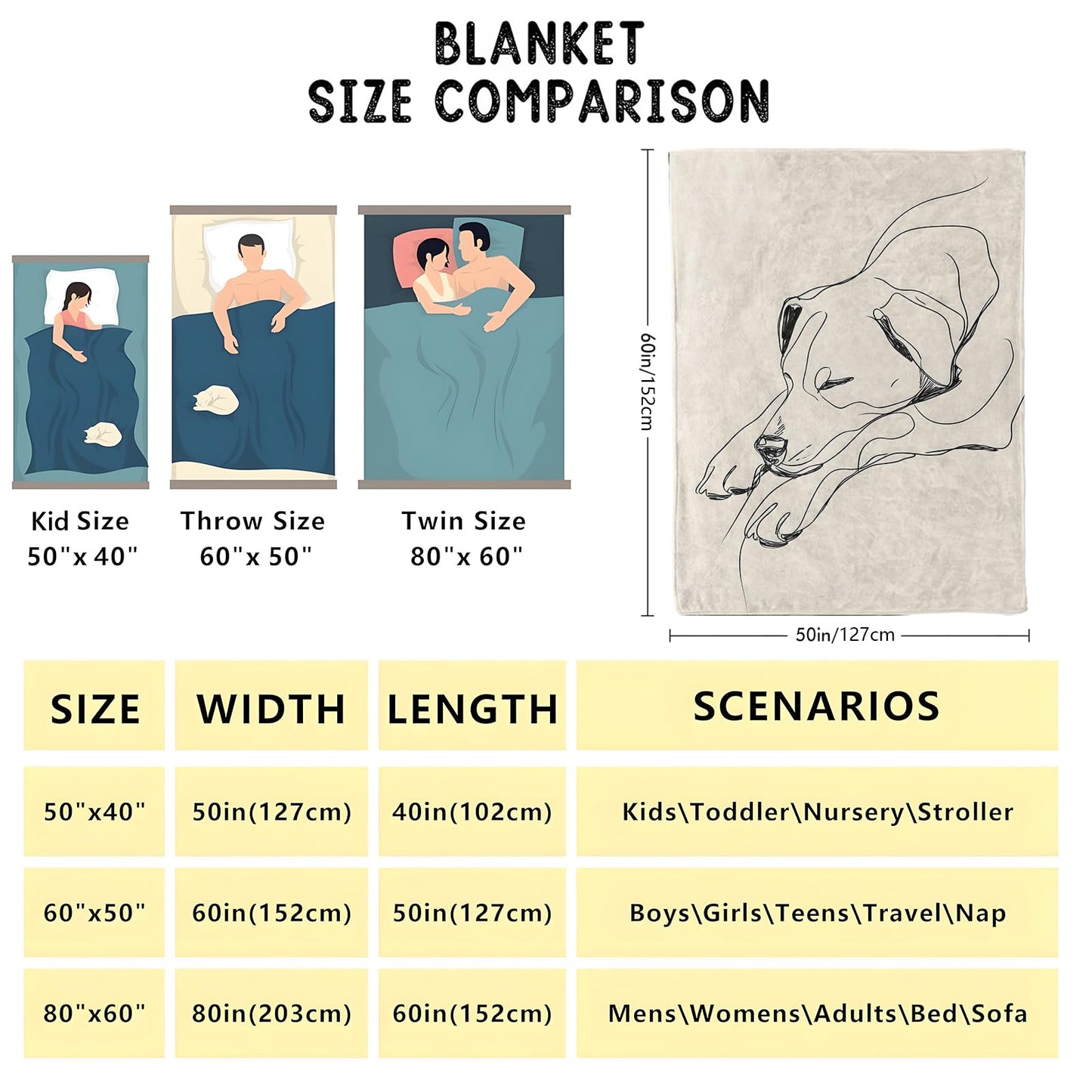 SOMEKLLY Dog Throw Blanket Soft Cozy Lightweight Flannel Blankets with Minimalist Line Art Sleeping Puppy Printed Beige Background for Animal Lovers Bedroom Dorm Office Home Decor Gifts 50x60 Inch