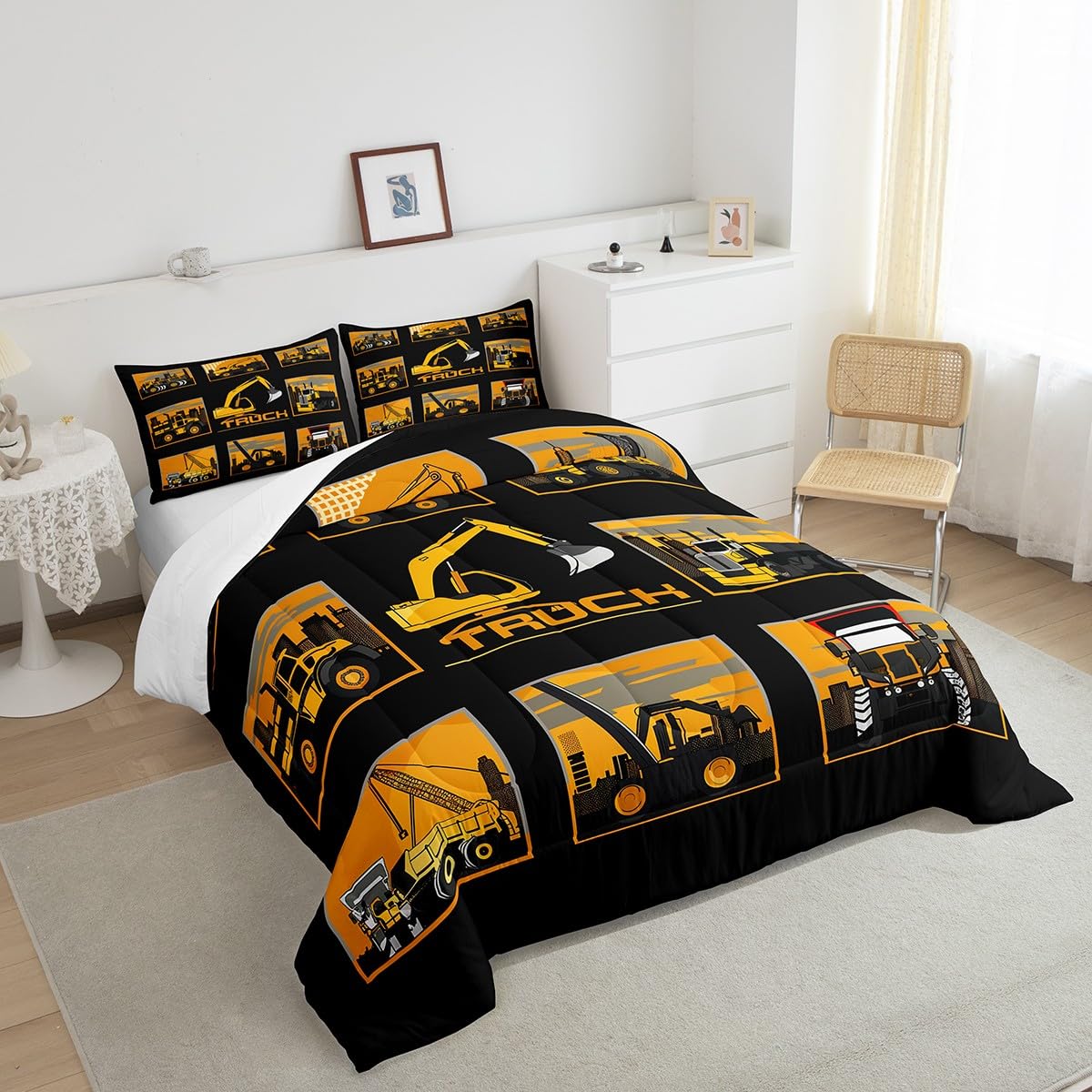 Erosebridal Excavator Comforter Set Queen Tractor Truck Bedding Set Construction Vehicle Down Comforter for Boys Kids Girls Teens Cartoon Heavy Machinery Car Bedding Sets & Collections, Gray Yellow