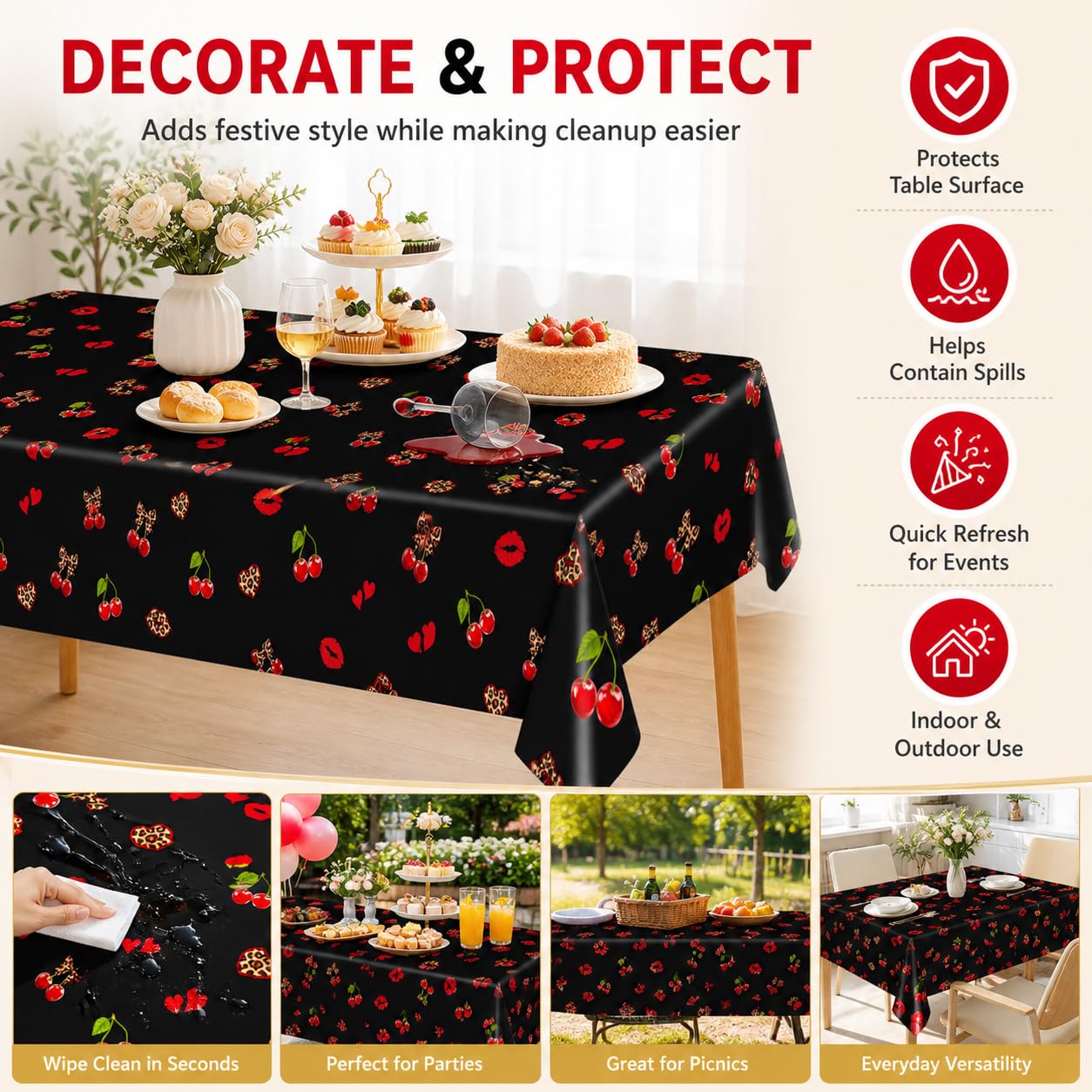 3Pcs 54 x 108 Inch Cheetah Cherry Tablecloths,Red Black Leopard Print Disposable Plastic Table Covers with Red Lips, Waterproof Party Table Cloths for Birthday, Baby Shower, Wedding, Party Decorations