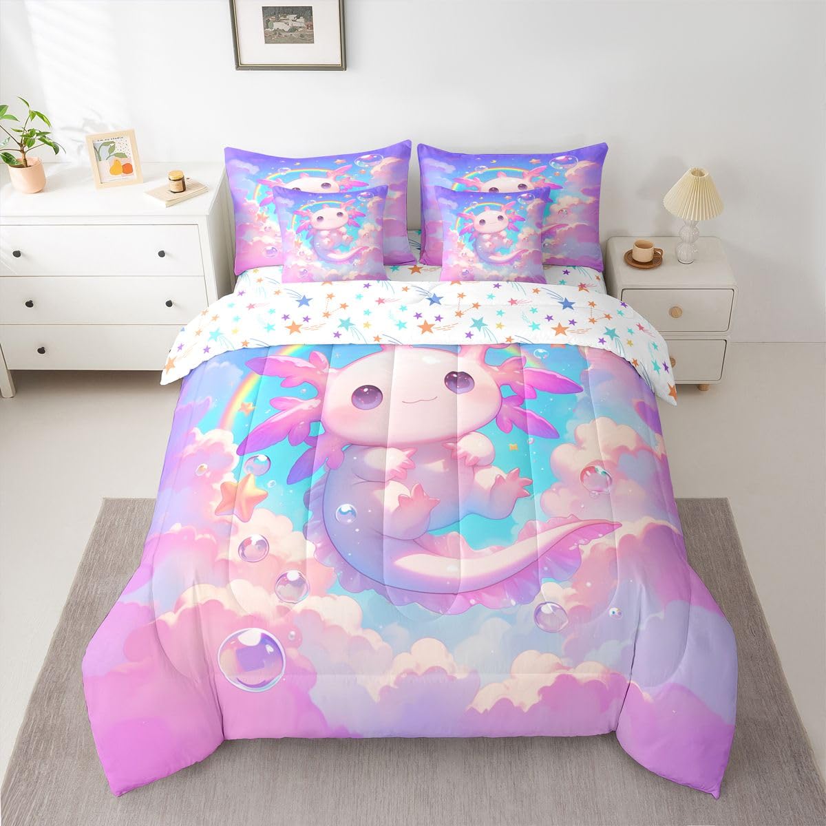 Erosebridal Kids Pink Axolotl Twin Size Bedding Set Princess Cute Axolotl 7 Pieces Comforter Set with Sheets for Girls Teens Dreamy Stars Rainbow Bed in a Bag Bubble Blue Sky Cloud Bed Sets