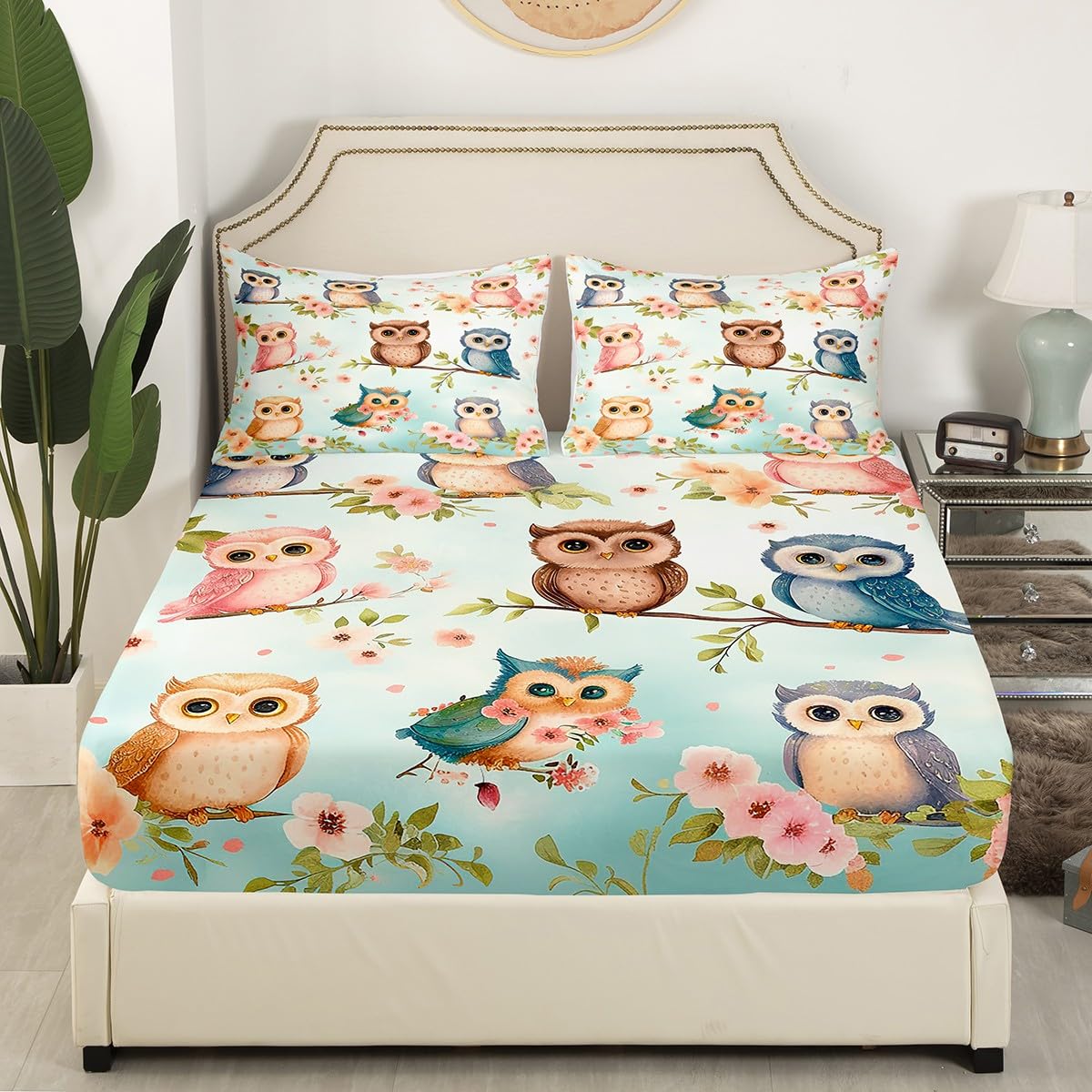 Cute Owl Kids Fitted Sheet Full Size,Peach Blossom Tree Branch Romantic Bedding Set,Boys Girls Room Decor,Cartoon Wild Animal Rustic Bed Cover,Pink Green Bed Sheet,2 Pillowcases