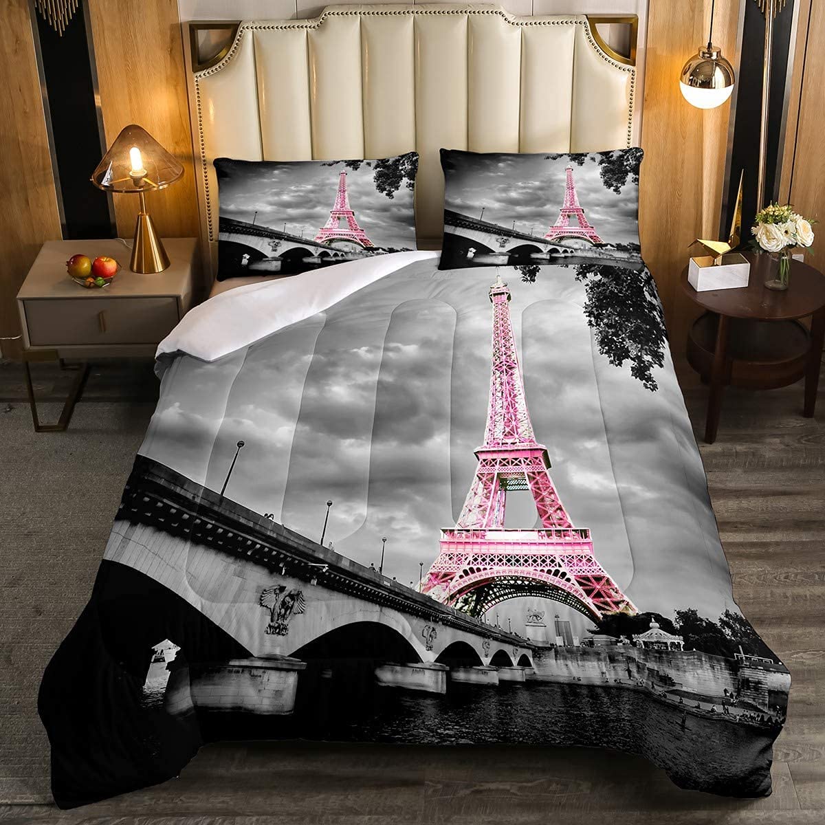 kxry Paris Comforter Set Pink Eiffel Tower Seine Full Size Bedding French Style Paris Cityscape Quilt for Girls Women 1 Comforter + 2 Pillow Cases