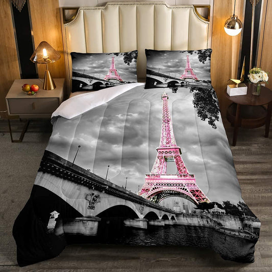 kxry Paris Comforter Set Pink Eiffel Tower Seine Full Size Bedding French Style Paris Cityscape Quilt for Girls Women 1 Comforter + 2 Pillow Cases