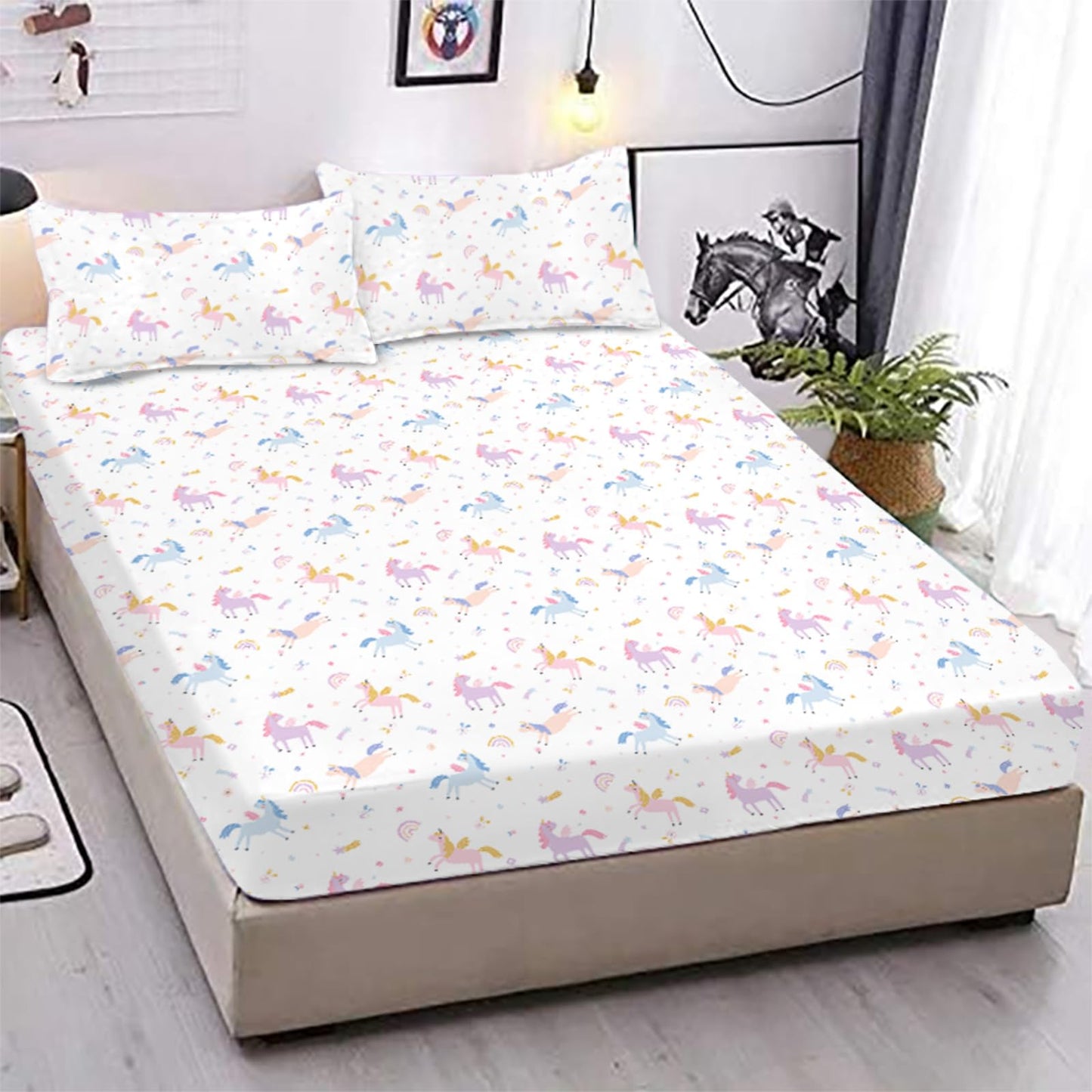MUSOLEI Unicorn Fitted Sheet Set Full Unicorn Bedding Girls Rainbow Star Sheet Pink Flower Bedding Set Unicorns Girl Bed Sheets 1 Fitted Sheet with 2 Pillowcases Multi-Colour Full