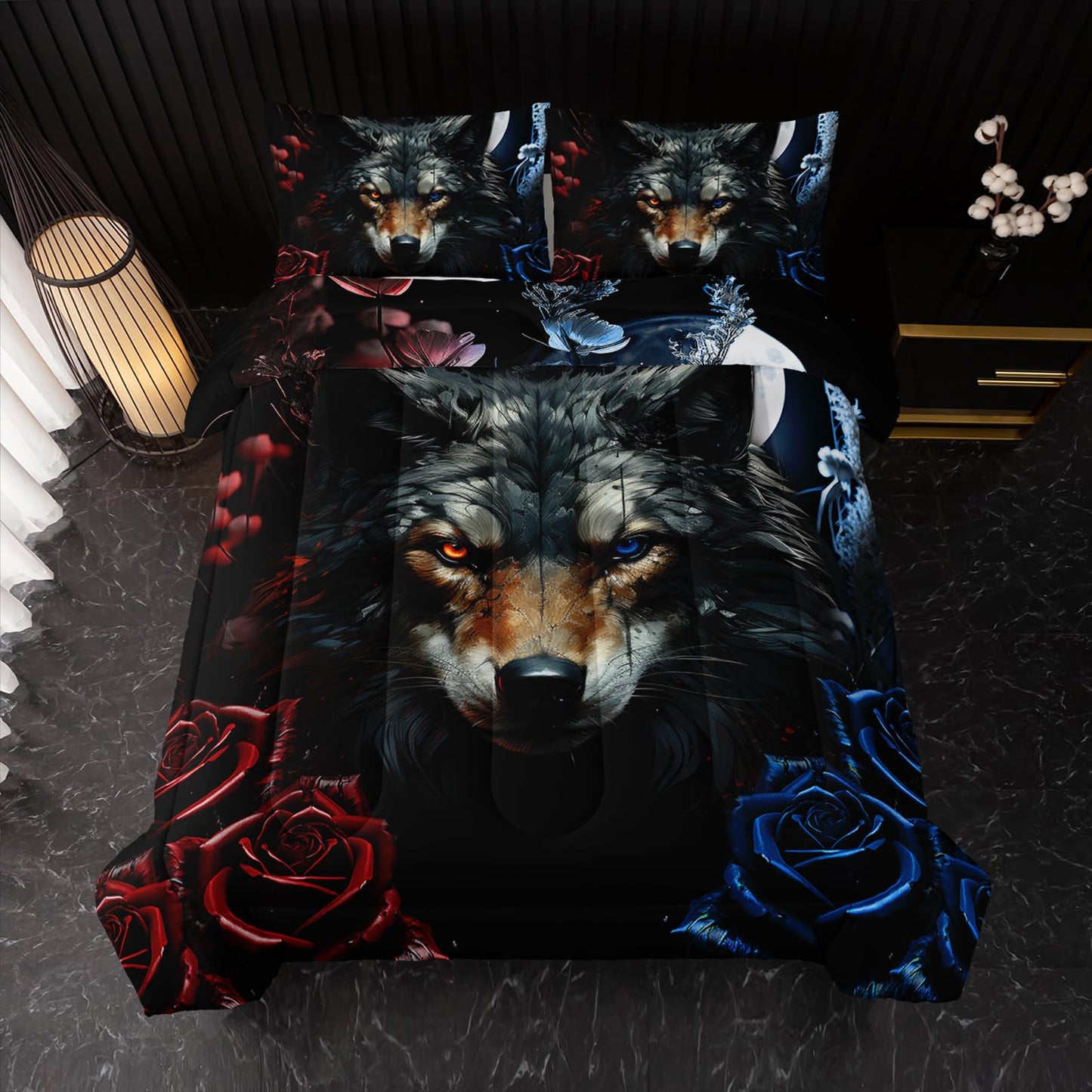 Nttopship Wolf Bedding Set Twin Size,Blue and Red Roses Comforter Set 3 Piece for Girls Boys Kids Teens,Wildlife Bed in a Bag Sets 3D Wild Animal Print Bedding Set Comforter with 2 Pillowcase