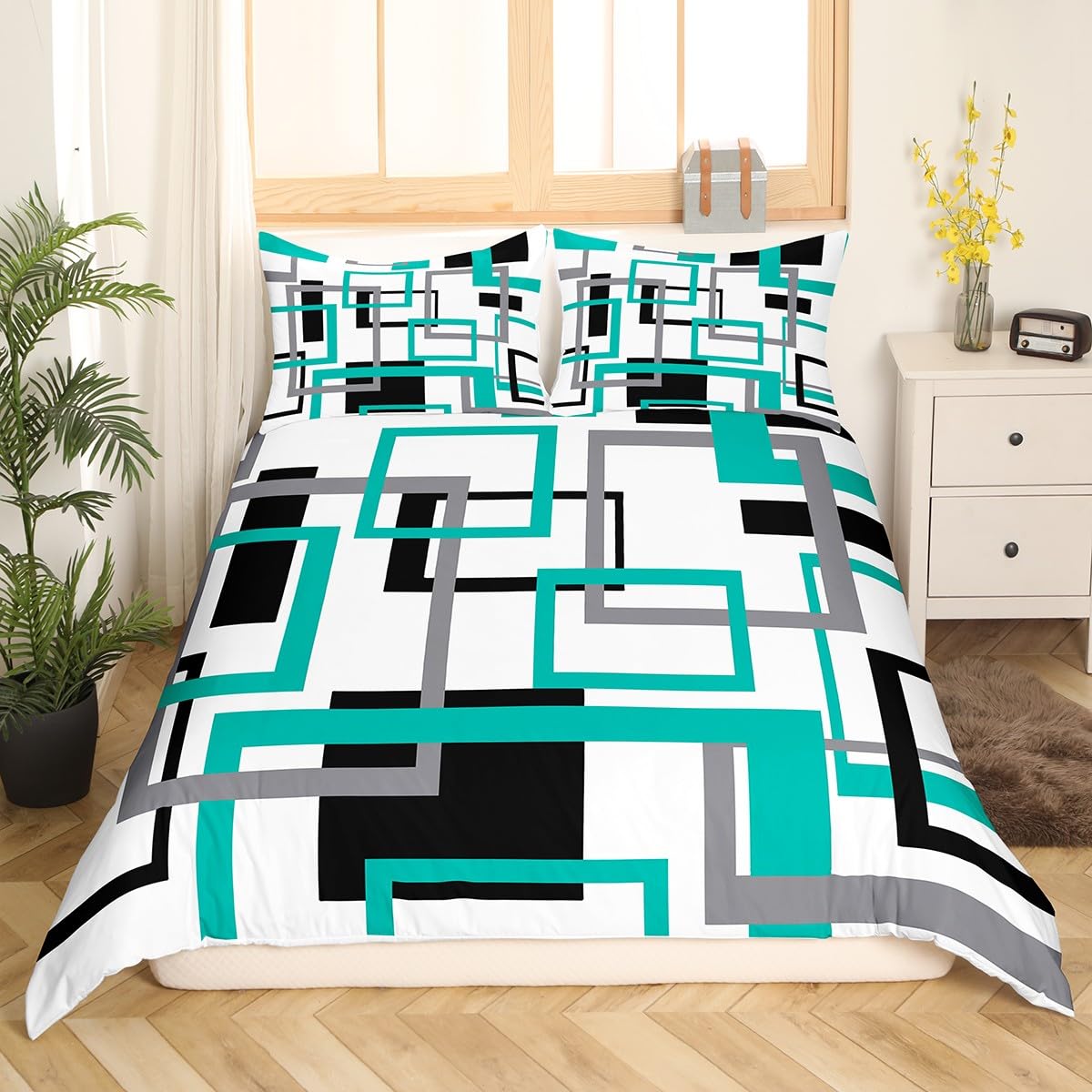 Erosebridal Square Duvet Cover for Teens Youth,Black White Blue Bedding Set,Geometric Comforter Cover Modern Bedroom Decor,Mid Century Grid Bed Sets with 2 Pillowcases Zipper&Ties,Queen