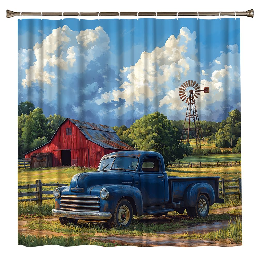 Farmhouse Blue Old Truck Shower Curtain Rustic Cabin Barn Windmill Country Meadow Car Lodge Western Bathroom Accessories Set Polyester with Hook 70Wx70H Inch