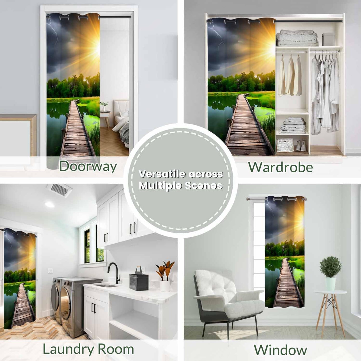 Haciadan Wooden Bridge Sliding Door Curtain River Sunset Green Grass Doorway Curtain 1 Panel 34" W X 80" L Door Drape for Kitchen Restaurant