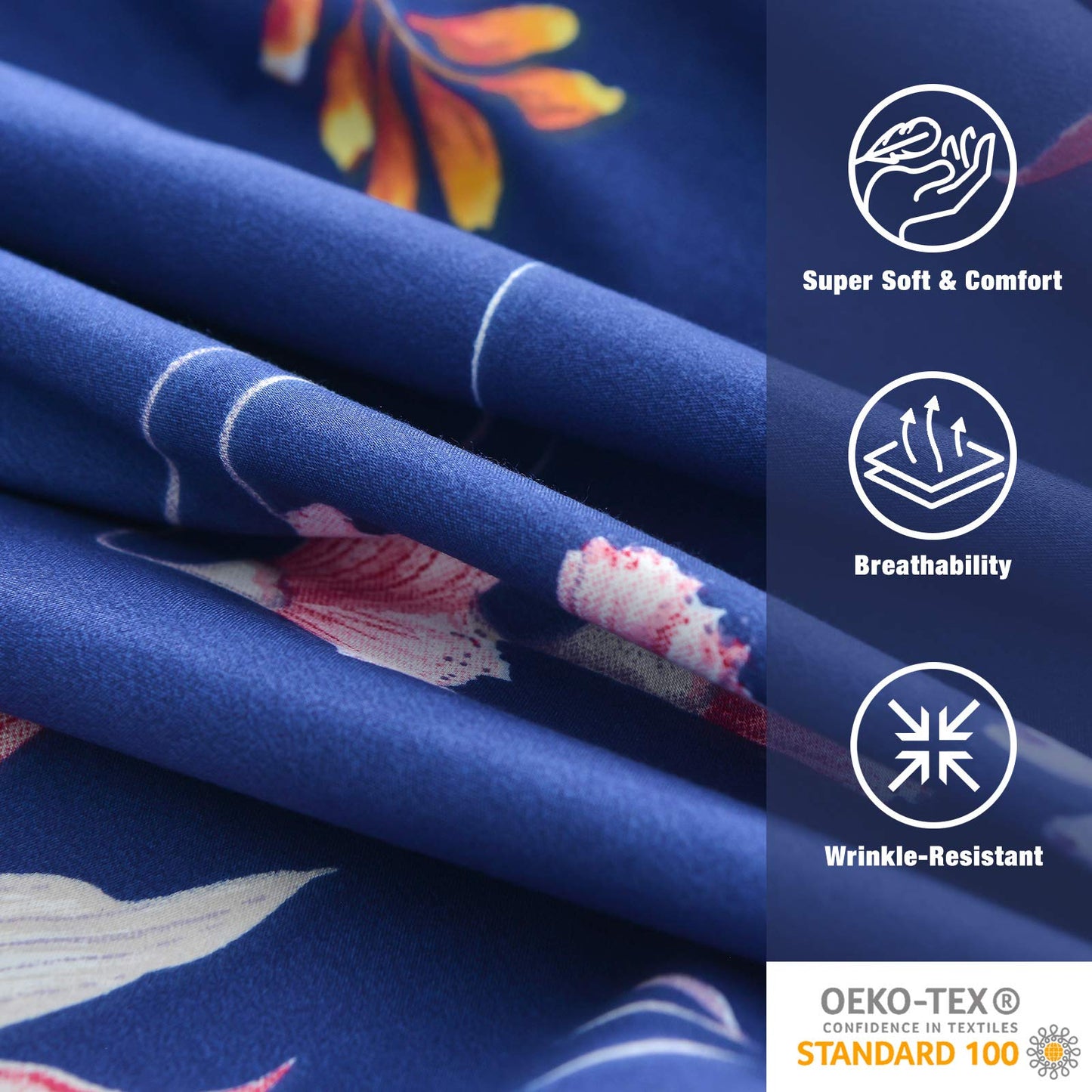 JSD Navy Blue Floral Printed King Sheet Set, 6 Piece Botanical Pattern Microfiber Sheets Extra Deep Pocket