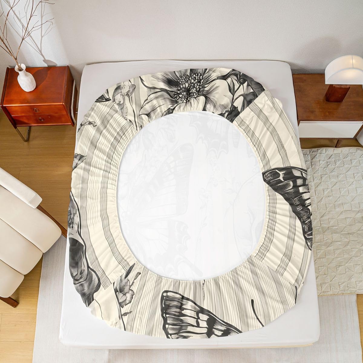 jejeloiu Black Skull and Butterfly Bed Sheets Set Queen Size Happy Halloween Bed Set Grey and White Deep Pocket Fitted Sheet Breathable Soft Lightweight Microfiber