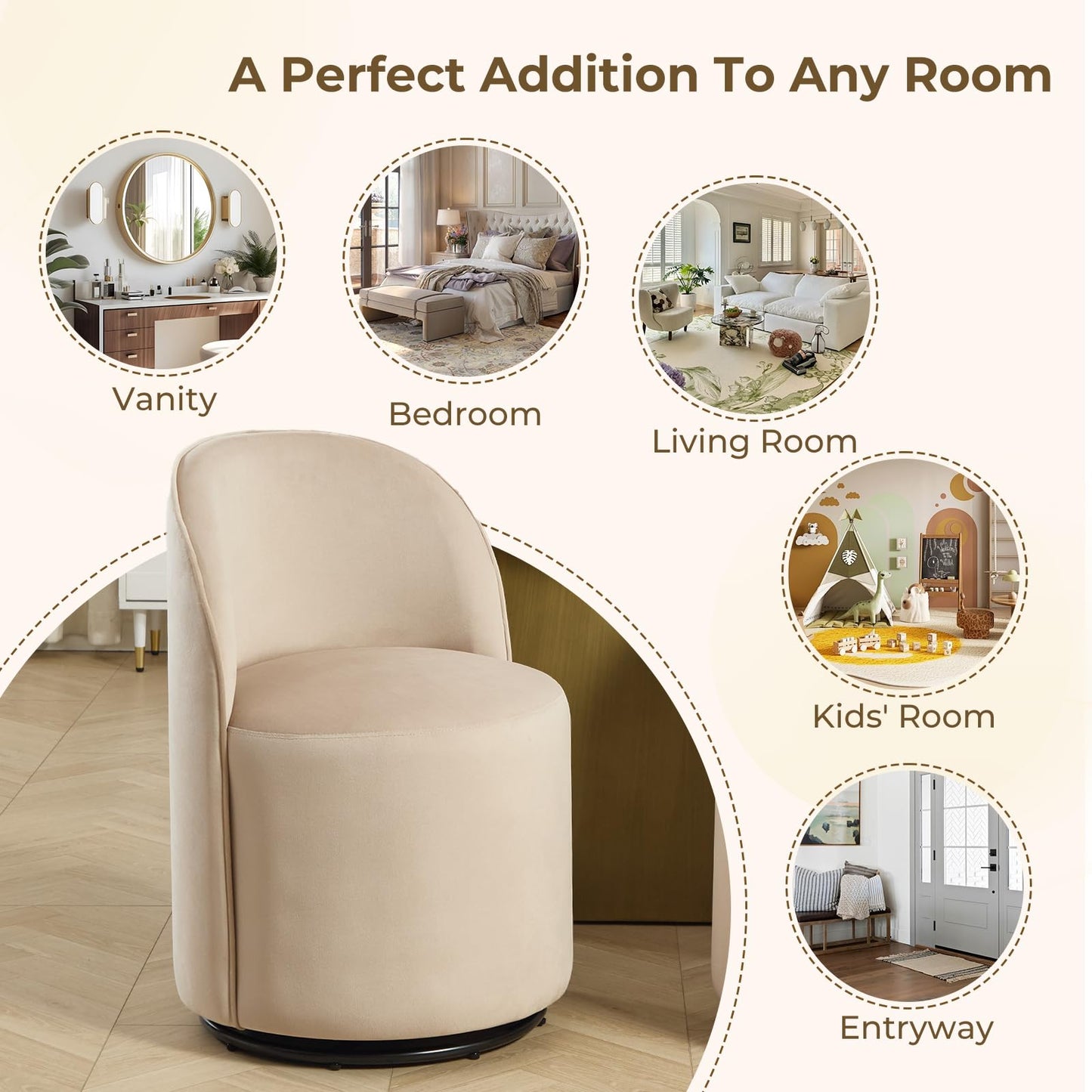 Orirsnug Modern Swivel Dining Chair Set of 1，Velvet Upholstered Swivel Barrel Chair with 360° Rotation, Comfy Round Armless Accent Vanity Side Chair for Kitchen/Dining Living Room/Bedroom, Khaki