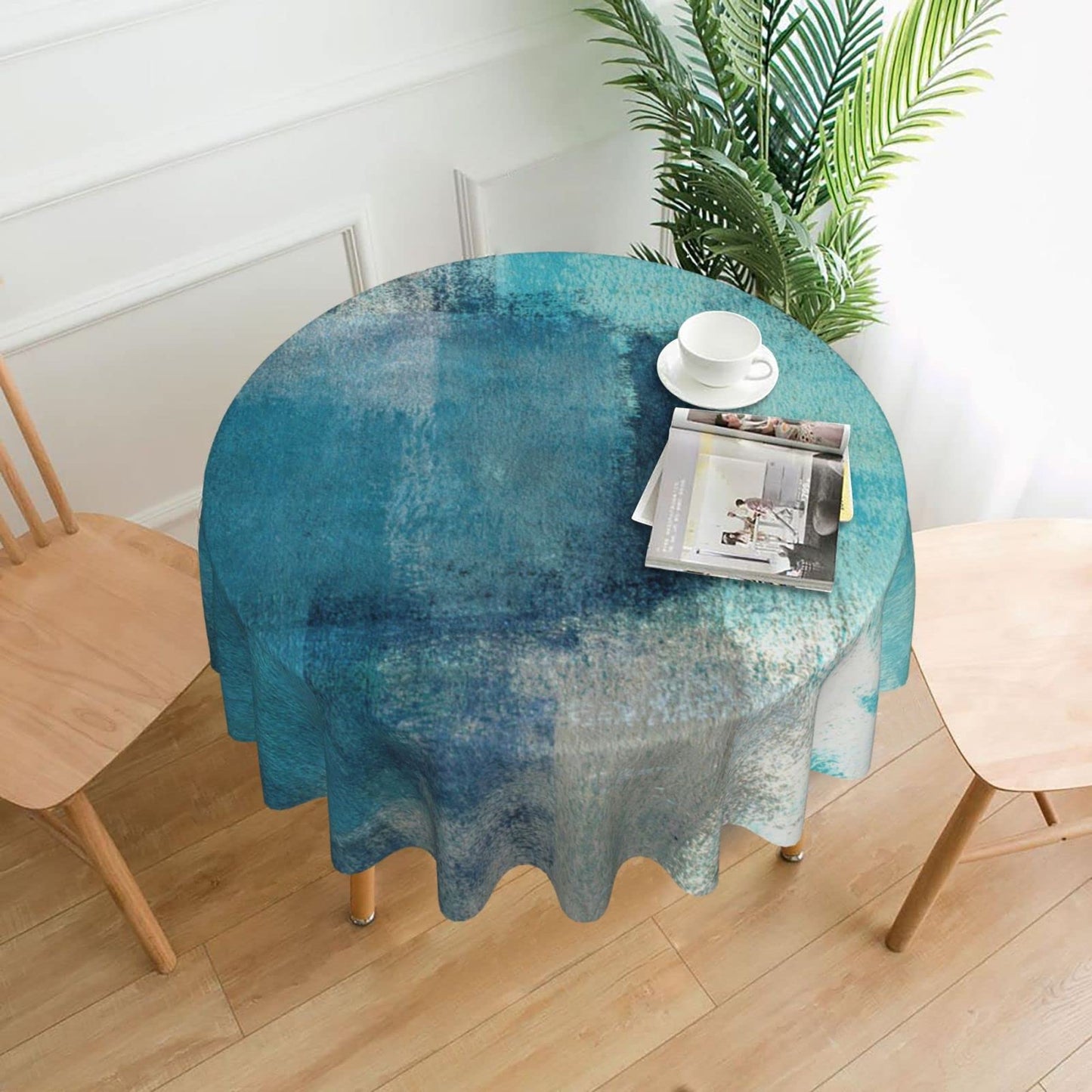 Yilad Teal Grey Abstract Art Painting Round Tablecloth Washable Reusable Decoration Table Cover for Kitchen Party 60"