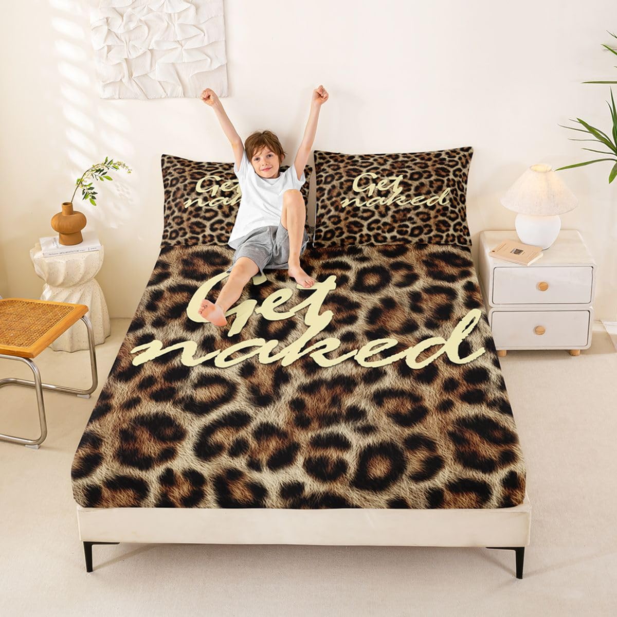 Feelyou Leopard Print Get Naked Fitted Sheet with 2 Pillowcases Full Size Funny Quotes Bed Sheets Set 16" Deep Pocket Boys Girls Brown Bedding Cheetah Teens Bedroom Decor Soft Lightweight Microfiber