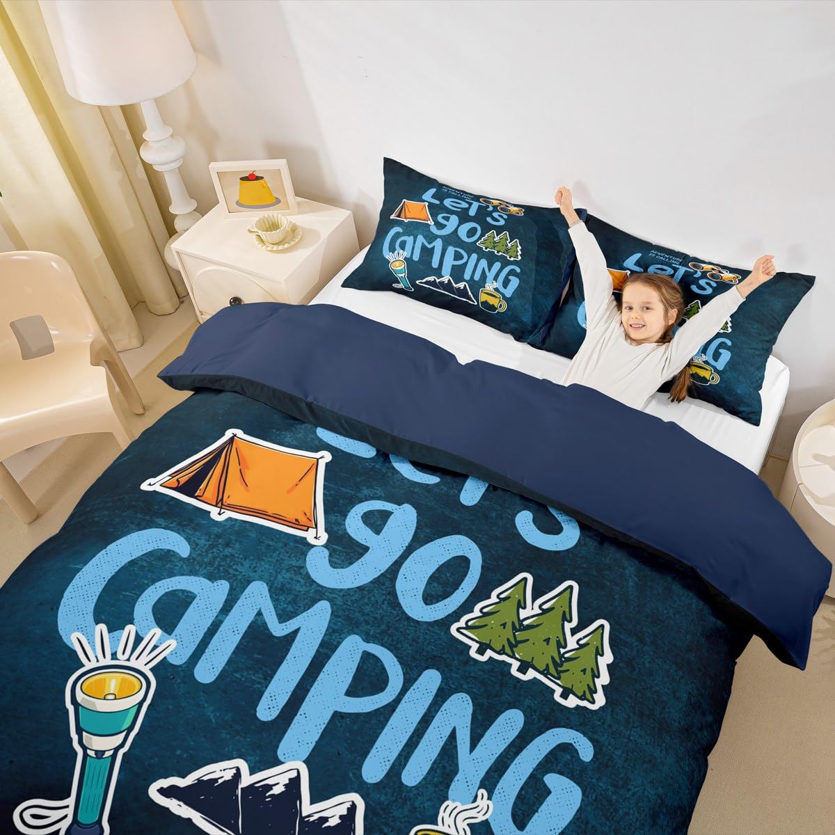 Happy Camping Duvet Cover Set King,Cartoon Camper Theme Comforter Cover Rustic Farmhouse Style Quilt Cover Navy Blue Bedding Set 3pcs for Kids Girls Teens Boys Room Decor with 2 Pillowcases