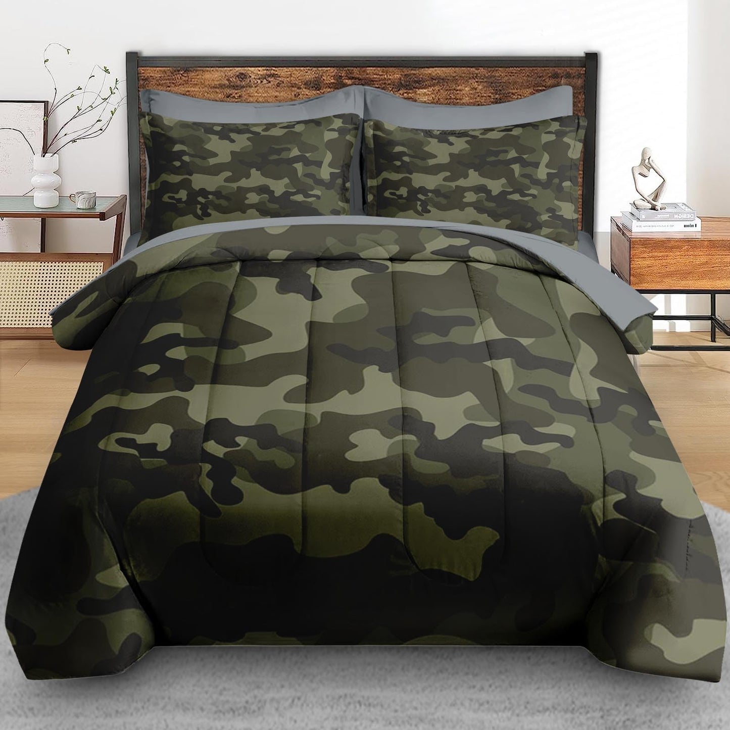 Pamnest Comforter Set Full Size, Army Camouflage Camo 7 Pcs Bedding for Kids and Adults, Military French Green Bed Sheet Sets with Fitted Sheet 2 Pillowcases & 2 Shams for Bedroom Bed Decor