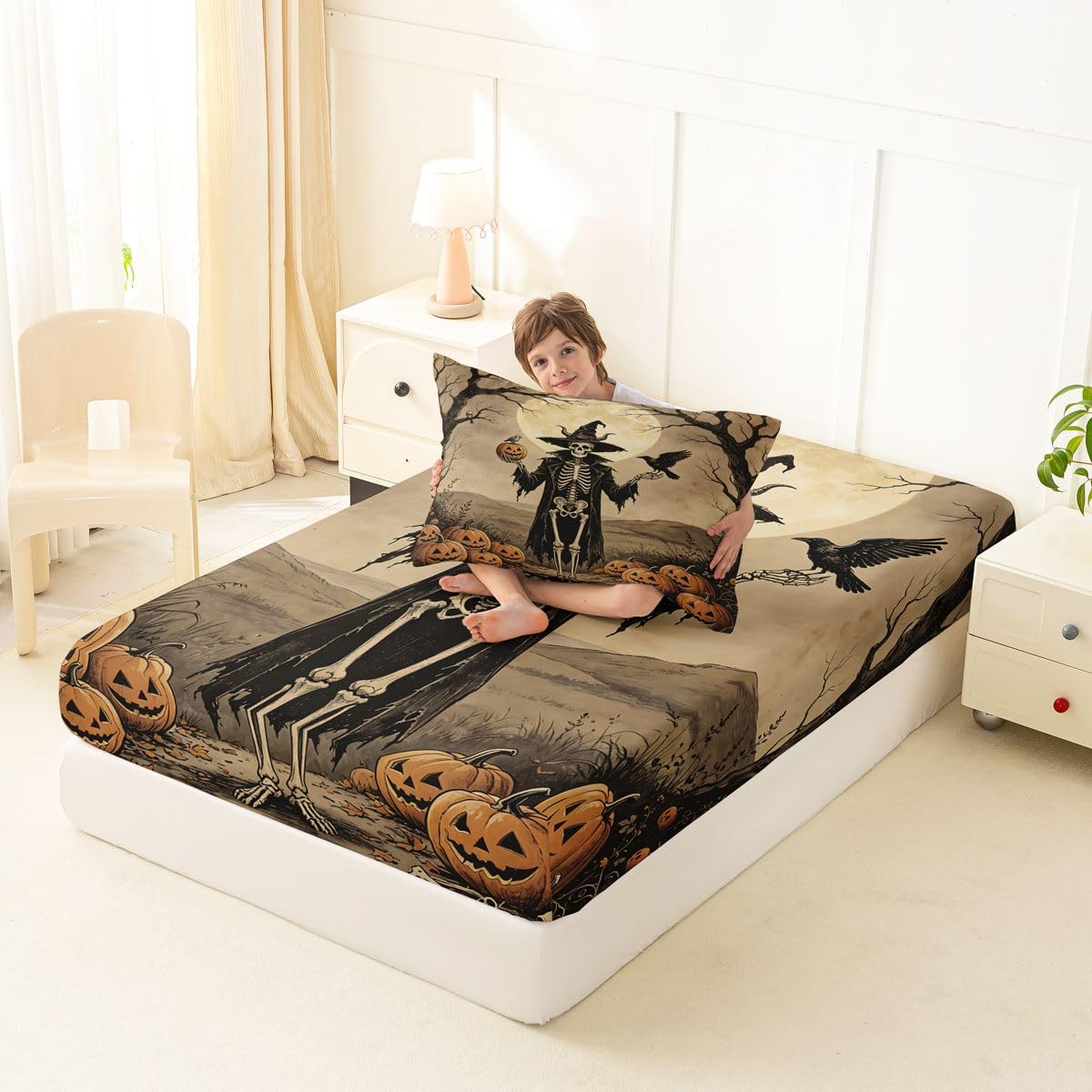 Erosebridal Halloween Skeleton Bed Sheets Twin Size Raven Full Moon Sheet Set Kids Adults Harvest Pumpkin Bedding Set Rustic Spooky Western Art Sheets