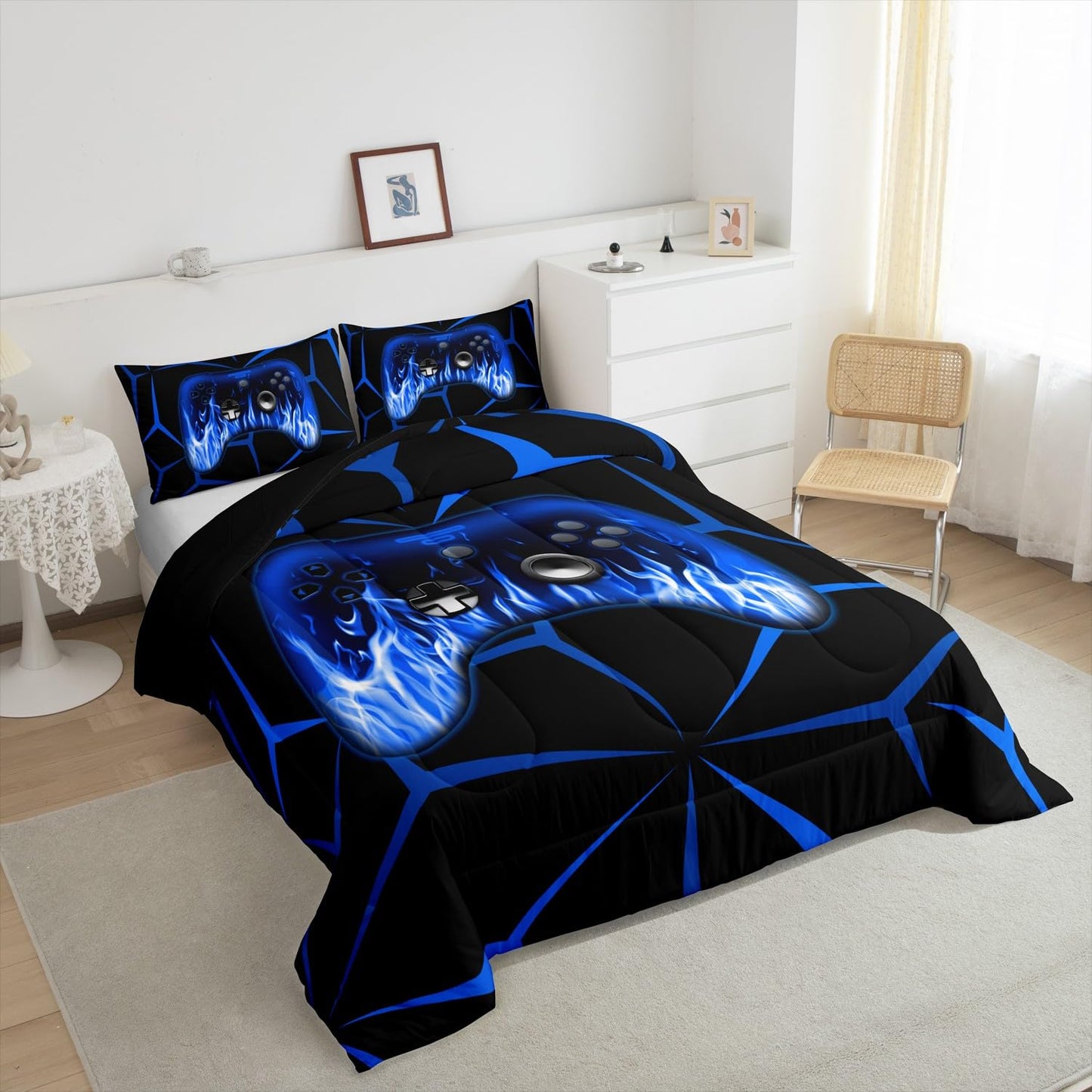 Feelyou Kids Gamer Comforter Set,Gaming Bedding Set Queen Size for Boys Girls,3D Geometric Video Game Console Comforter,Blue and Black Game Contoller Bed Set for All Season