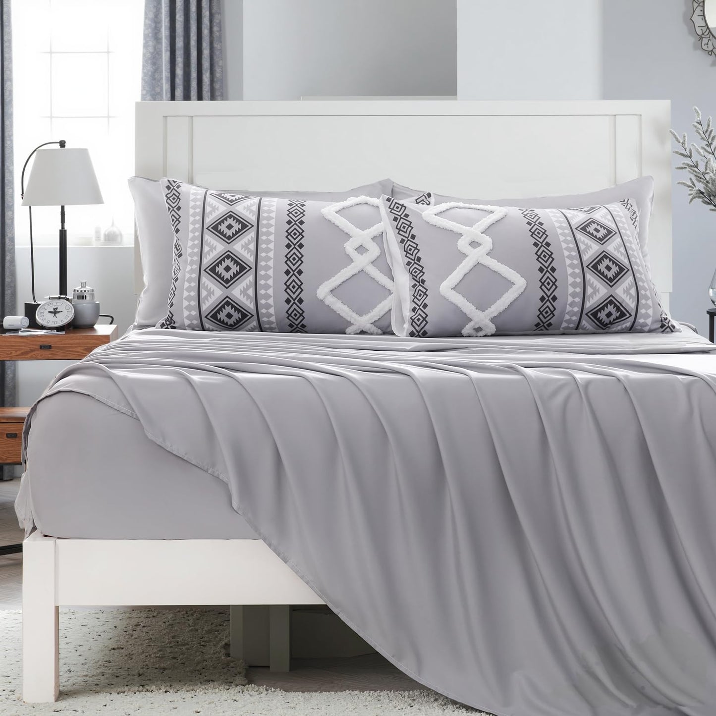 MOVE OVER Gray Tufted Comforter Set Queen Size 7 Pieces Bed in A Bag Farmhouse Bedding Comforter Sets Boho Aztec Sheet Set and Comforter Set Modern Boho Tufted Bedding Set for All Seasons