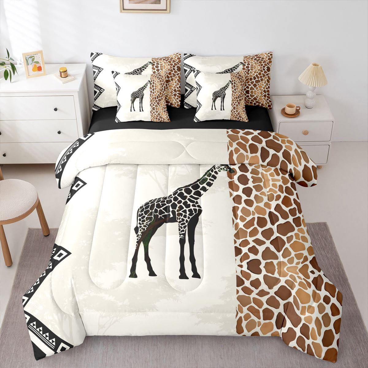 Erosebridal Giraffe 7 Piece Bedding Set Full African Comforter Set with Sheets Geometric African Animal Lovers Bed in a Bag Woodland Silhouette Wild Animal Skin for Kids Boys Girls