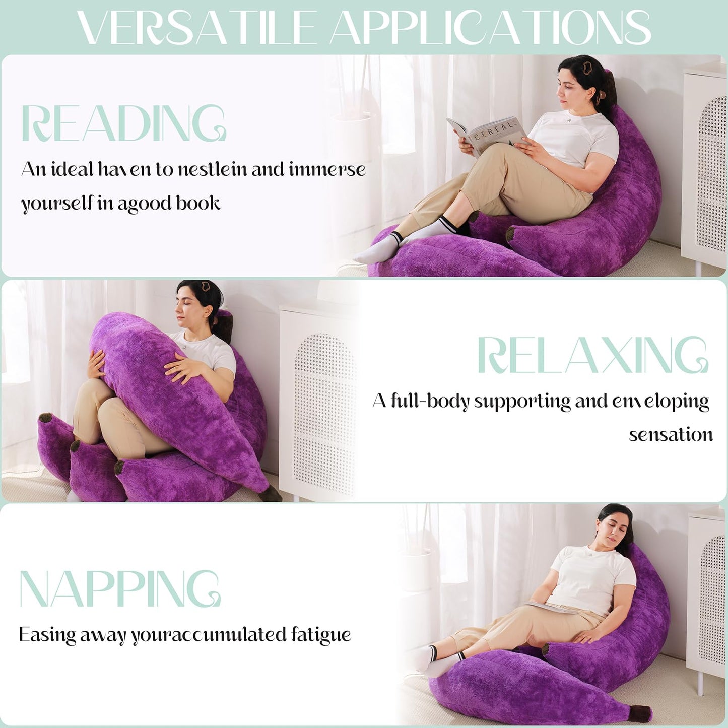 IEVENW Banana Bean Bag Chair with Ottoman, Floor Sofa Bed with Footrest, Comfy Convertible Lounger for Teens & Adults, Plush Couch for Bedroom, Living Room or Dorm, M-Violet