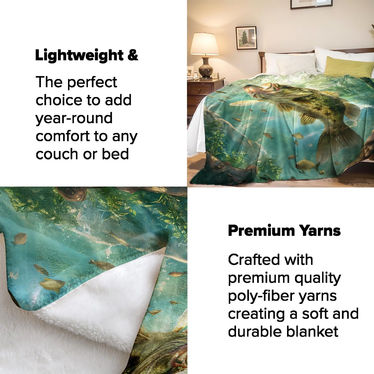 Turamurra Fish Throw Blanket 50"x60", Underwater Adventure Blankets for Living Room Bedroom Decor, Soft Flannel Plush Gifts for Fishing Lovers Adults Kids