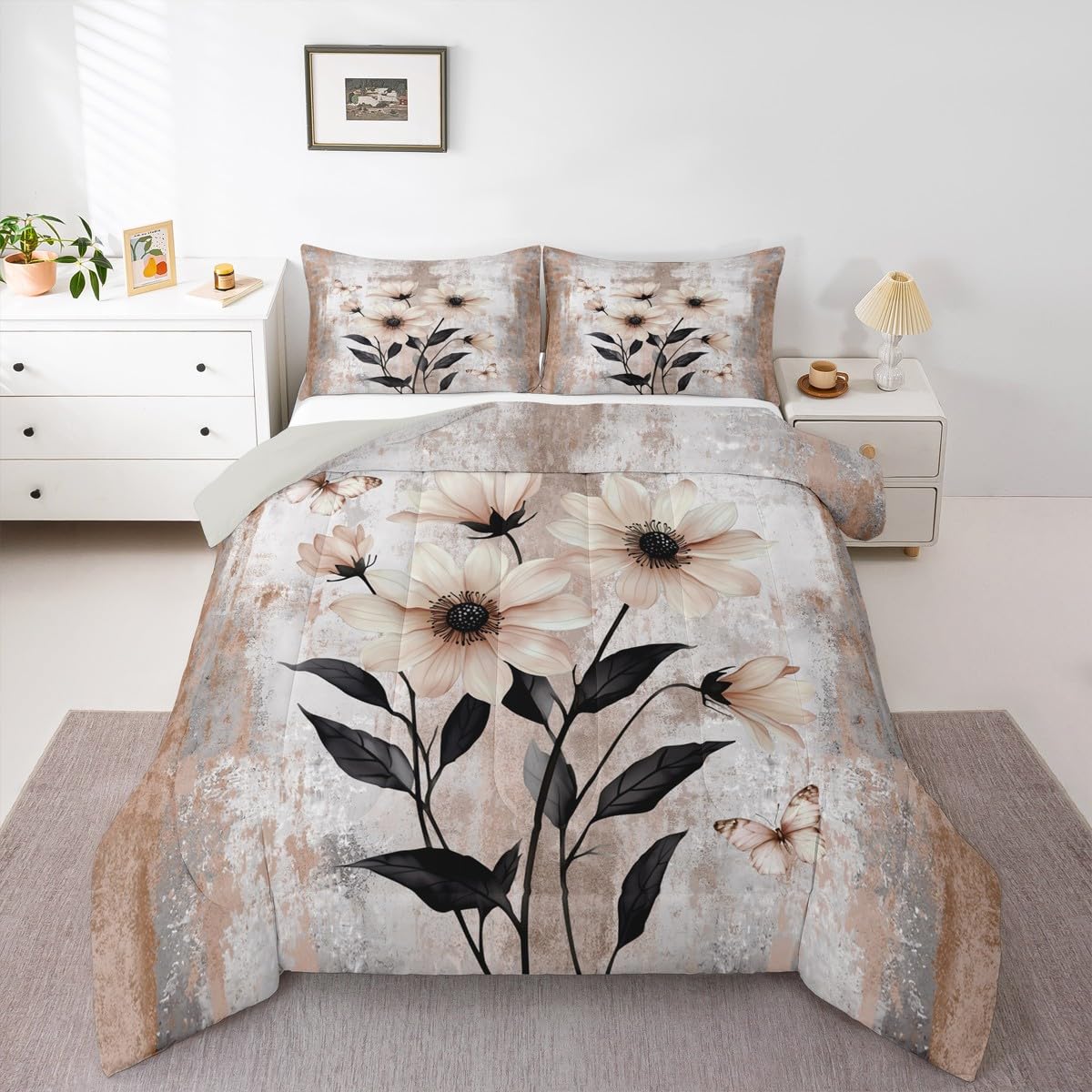 Erosebridal Watercolor Daisy Flowers Queen Comforter Set Abstract Oil Painting Bedding Set Rustic Farmhouse Bed Set Ombre Beige Brown Grey White Quilt Set
