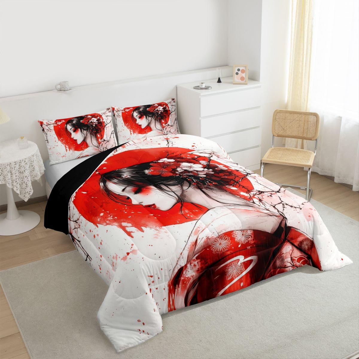 jejeloiu Japanese Geisha Comforter Set All Season Japanese Ukiyoe Bedding Set with 2 Pillow Cases Cherry Blossom Microfiber Kids Queen Bedclothes Red Sun Bedroom Decor Duvet Quilt Breathable Soft