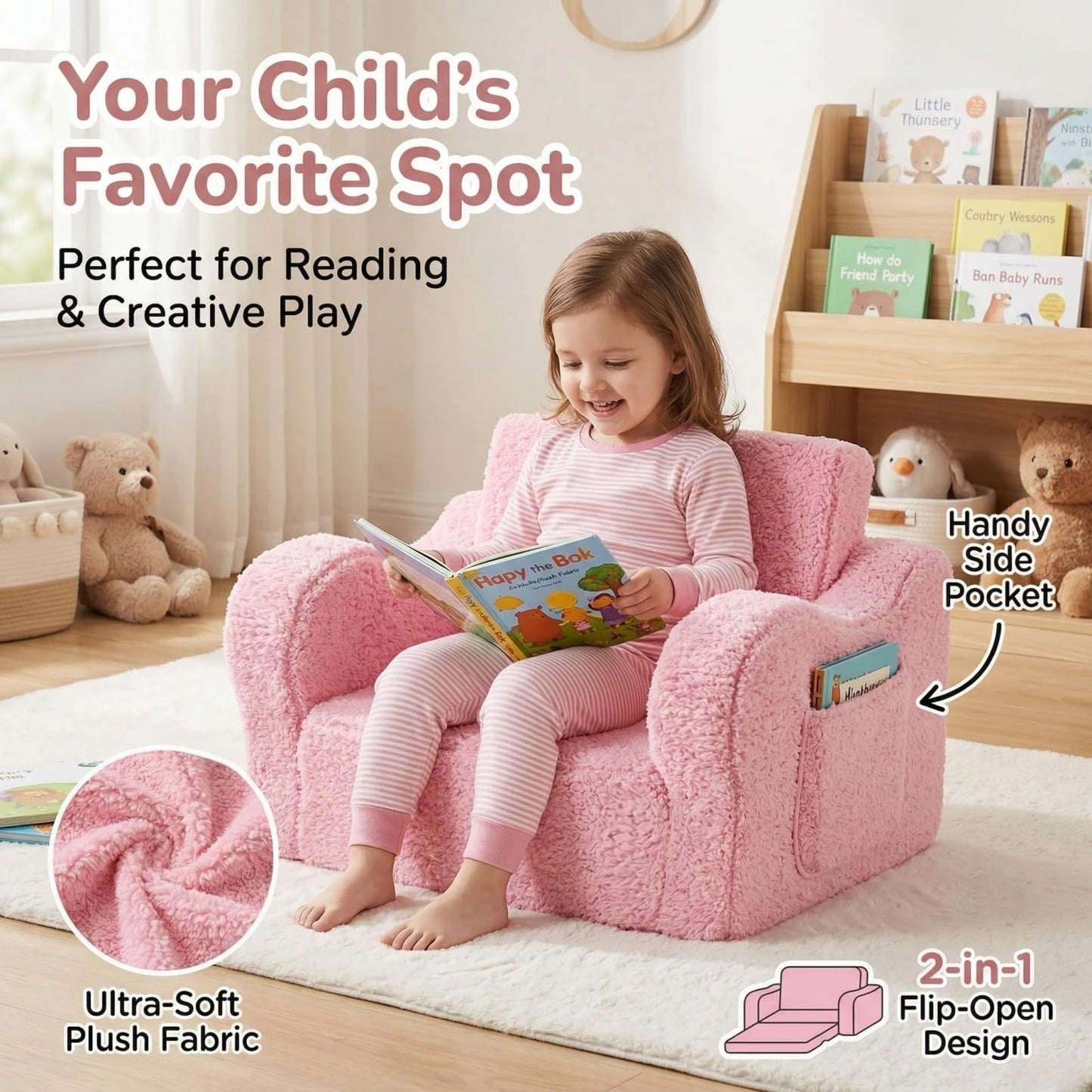 MOMCAYWEX Kids Sofa, 2-in-1 Flip-Out Foam Couch with Soft Sherpa Cover, Cozy Play Lounge Chair, Pink