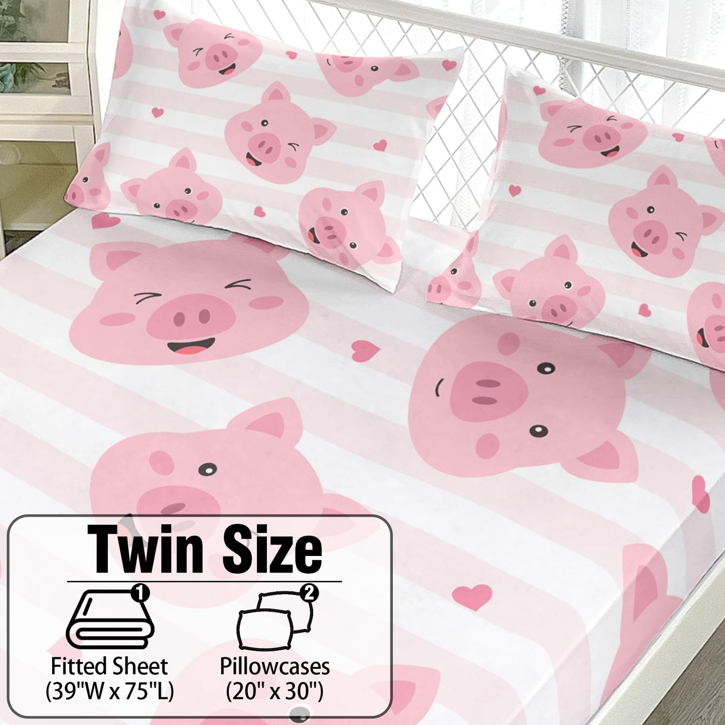 AILONEN Cute Pig Fitted Sheet Set Twin Size,3-Piece Kawaii Pig Bed Sheet Set for Kids Girls,Cartoon Pink White Stripes Print Fitted Sheet with 2 Pillowcases