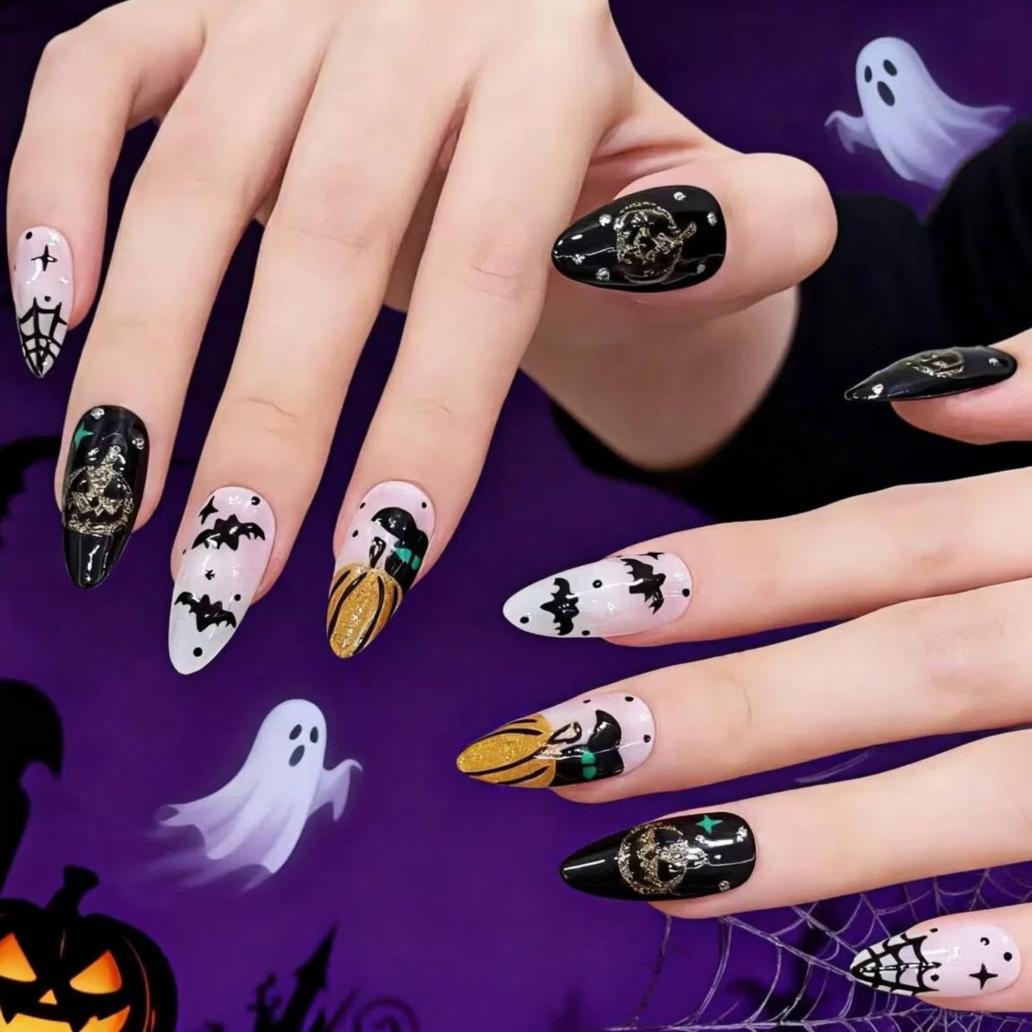 Tesytto 10pcs Handmade Press on Nails Almond - Halloween 3D Bat & Pumpkin Designs, Black White Cobweb Reusable Acrylic Nails for Women (Spooky Vibes,M)
