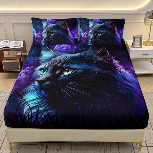 AILONEN Space Cat Bedding Set Twin XL Size,Blue Black Starry Planet Kitten Kids Sheet Set,3Pcs Animal Themed Soft Fitted Sheet with 2 Pillowcases
