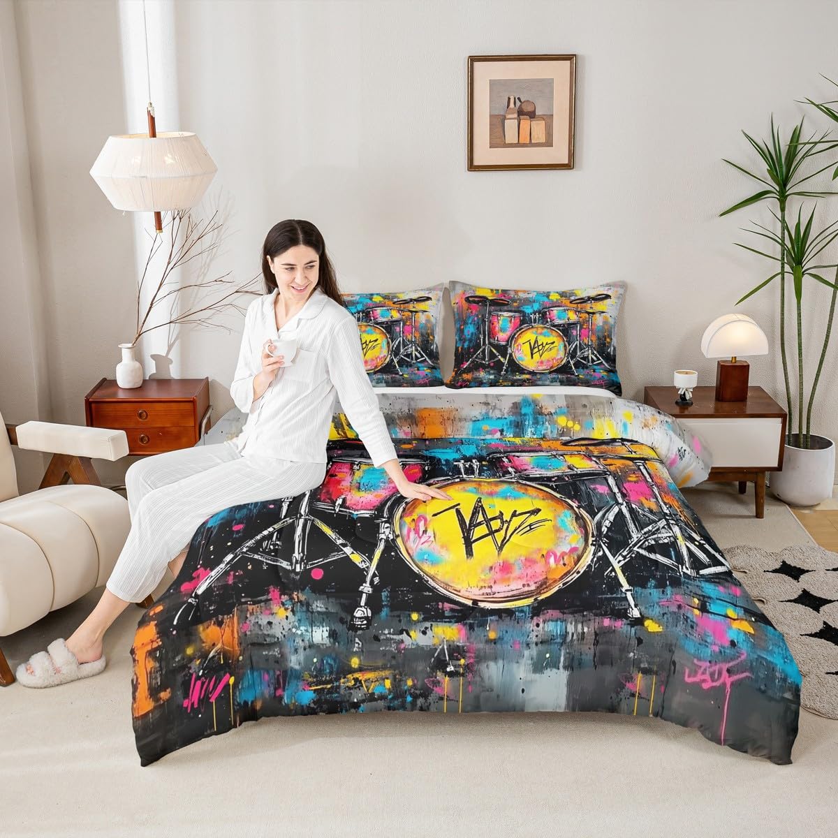 Erosebridal Rock Drum Kit Bedding Set Queen Graffiti Musical Instrument Comforter Set for Kids Boys Girls Music Theme Down Comforter,Rock Music Lovers Quilt Duvet