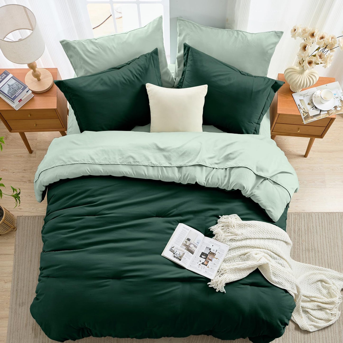 MUXHOMO 7 Pieces King Comforter Set, Soft Bed in a Bag King Size, All Season Bedding Set with Comforter, Flat Sheet, Fitted Sheet, Pillowcases & Shams, Forest Green & Sage Green