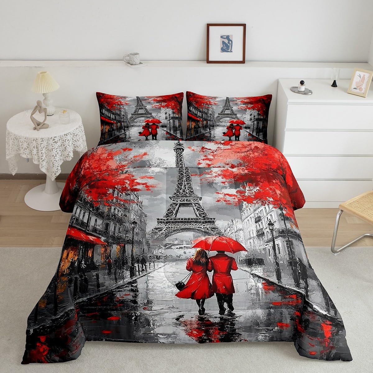 Red Paris Eiffel Tower Comforter Set Queen Size French Style Couple Lover Flower Bedding Sets For Girls Women Kids Quilted Duvet 1 Comforter + 2 Pillow Cases Romantic Bedroom Decor, Grey Black