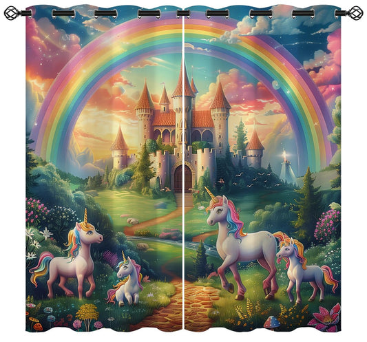 XINBADU Castle Blackout Curtains for Girls Boy Home Decor, Rainbow Unicorn Fairy Tale World Grommet Thermal Insulated Drapes Darkening Window Curtain for Bedroom Living Room, 42 x 45 Inch