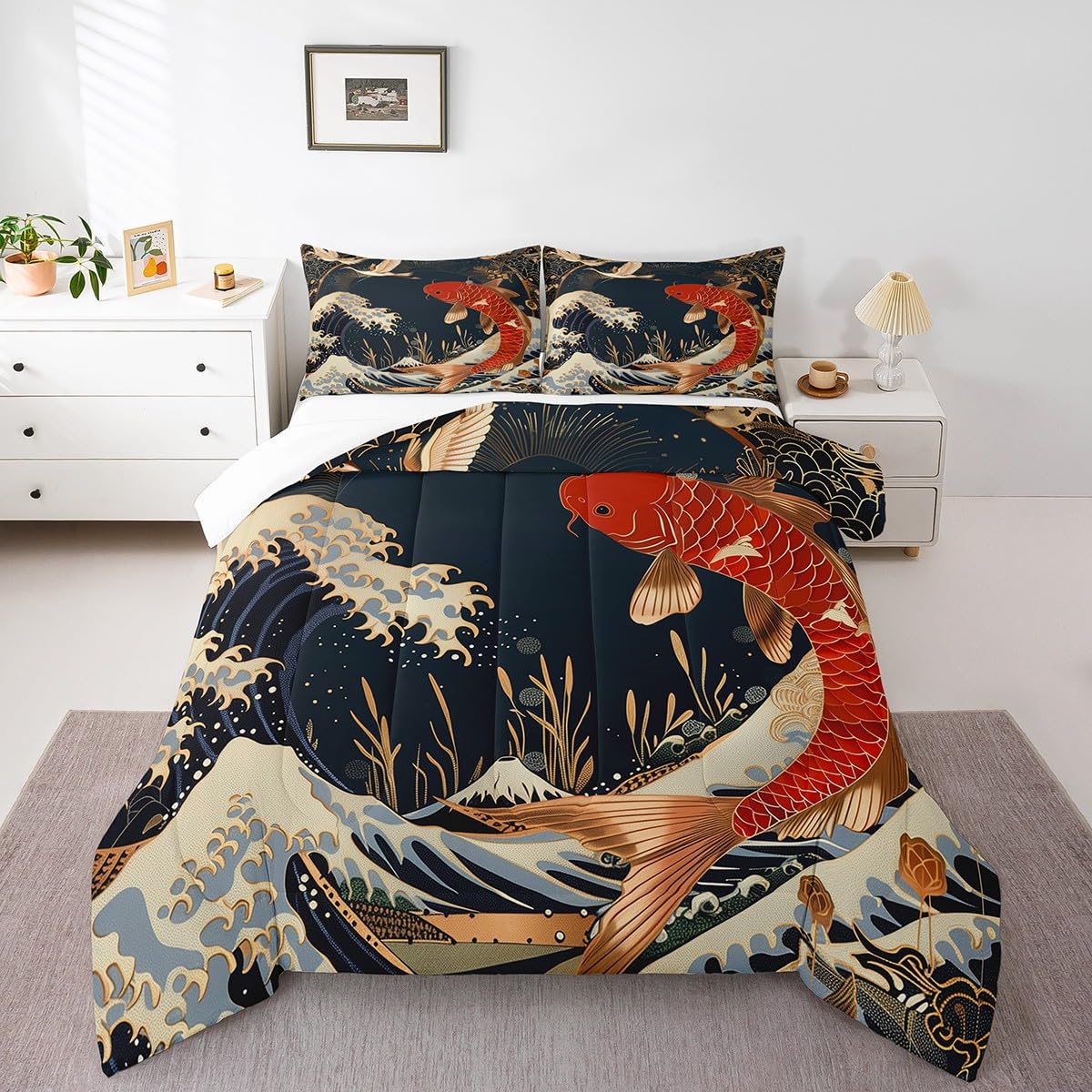 Erosebridal Red Koi Fish Bedding Full Size Oriental Crane Comforter Set Full, Japanese Ukiyo-E Duvet Insert Marine Sea Wave Quilt Comforter, Wild Animal Wildlife Bedding Comforters & Sets