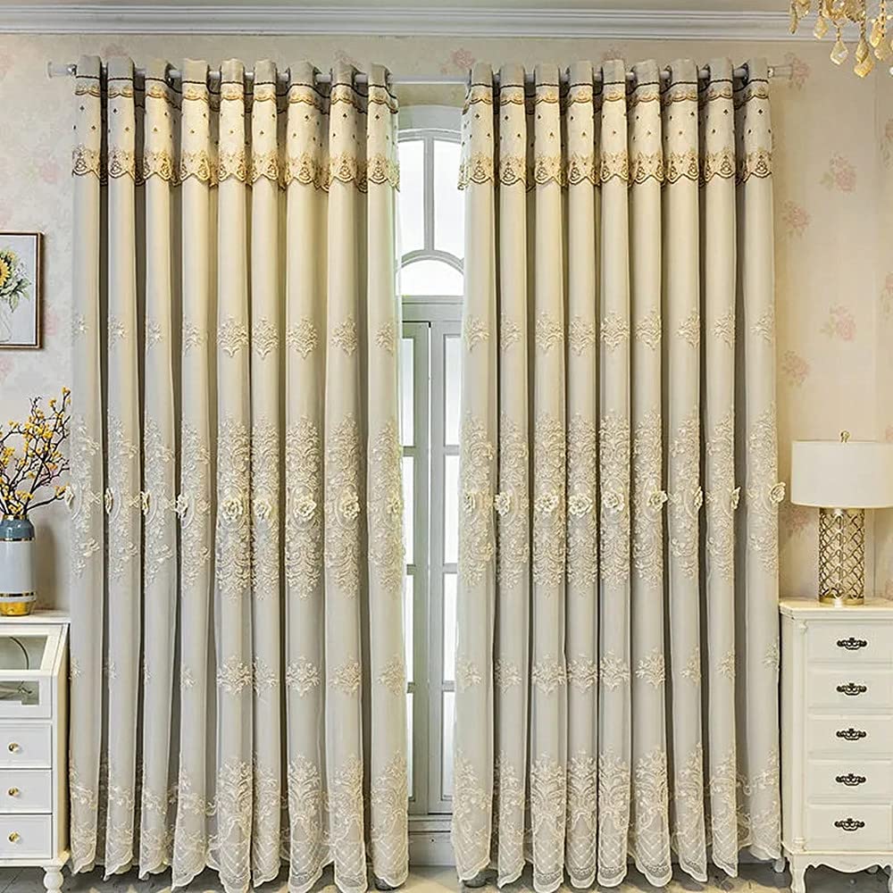 Amidoudou 1 Pair European Double Layer Curtains with Valances for Living Room Bedroom Luxury 3D Flower Embroidered Curtains (Beige,52x90 Inch)