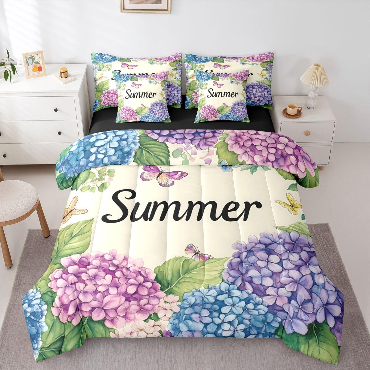 Erosebridal Watercolor Hydrange Queen Bedding Set Summer Purple Blue Floral Comforter Set Kids Girls Women Cute Butterfly 7-Piece Bed in a Bag Soft Pastel Botanical Art Quilt Sets