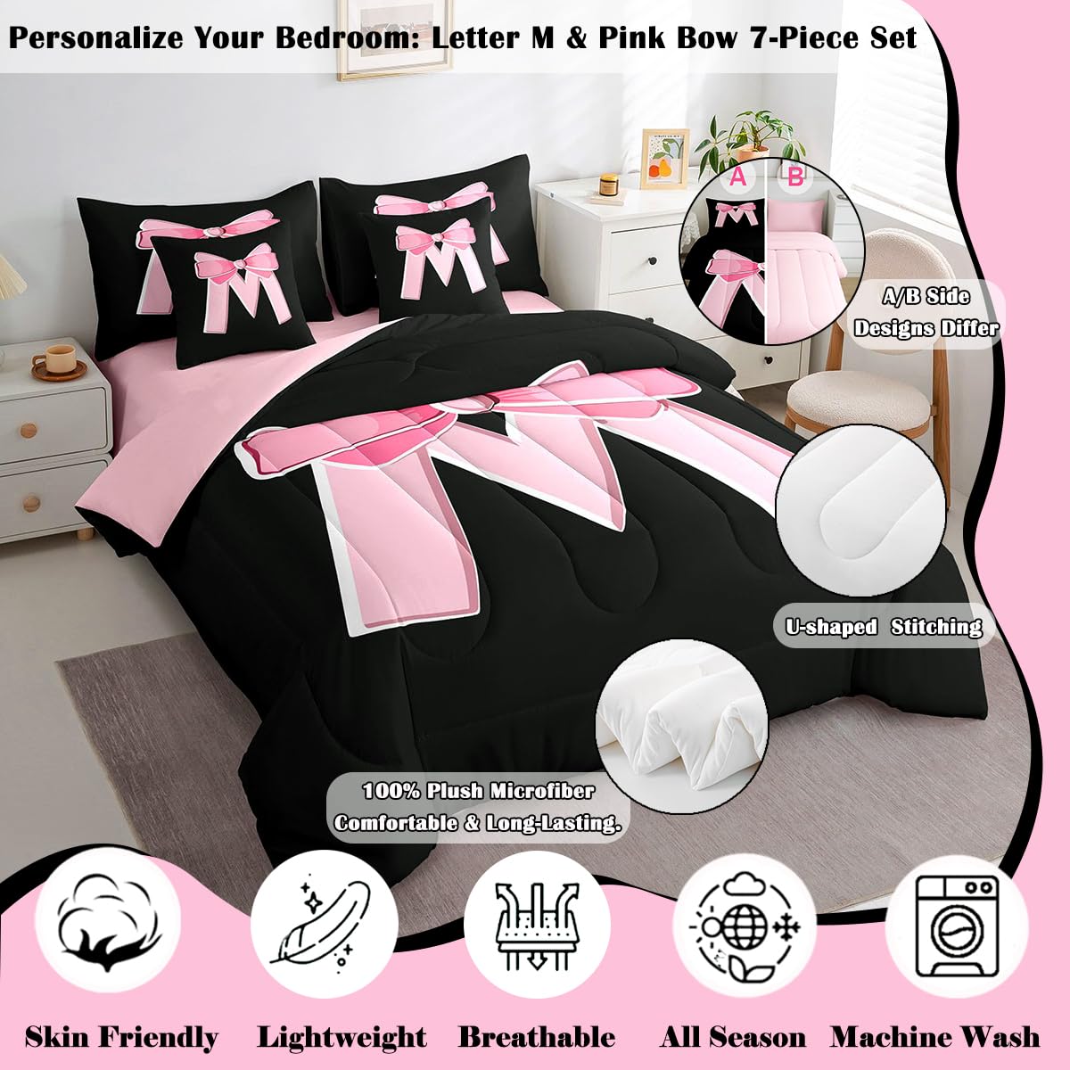jejeloiu Kawaii Pink Bow Twin Comforter Set with Sheets,Gifts for Women Teen Girl,Personalized Initial Letter M 7 Piece Bedding Set,Soft Monogrammed Bed in a Bag with Comforter,Sheets,Pillowcases