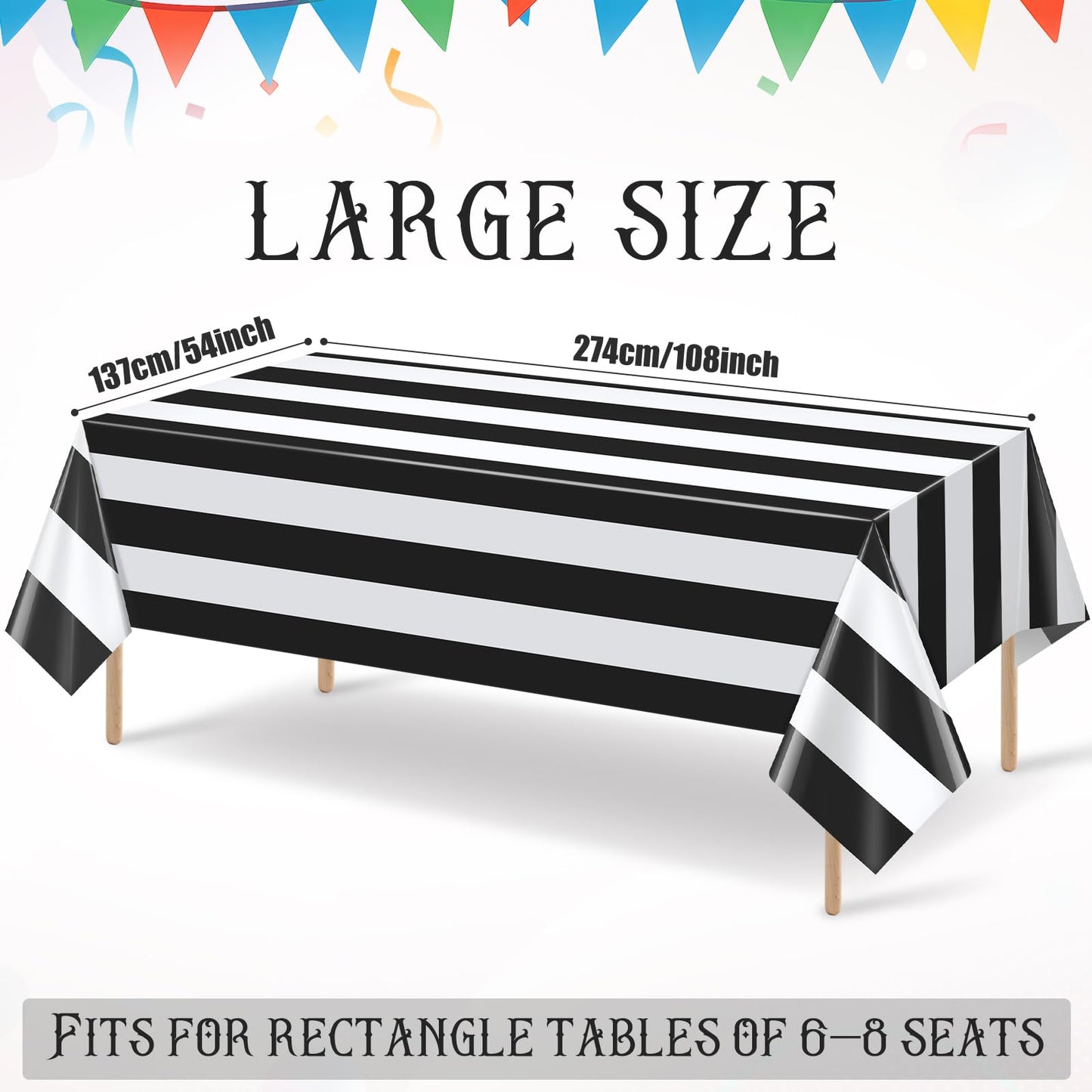 3pcs 54x108Inch Black and White Horizontal Striped Table Cloth Classic Black Stripe Tablecloths Disposable Plastic Stripe Waterproof Table Covers for Picnic Halloween Ghost Party