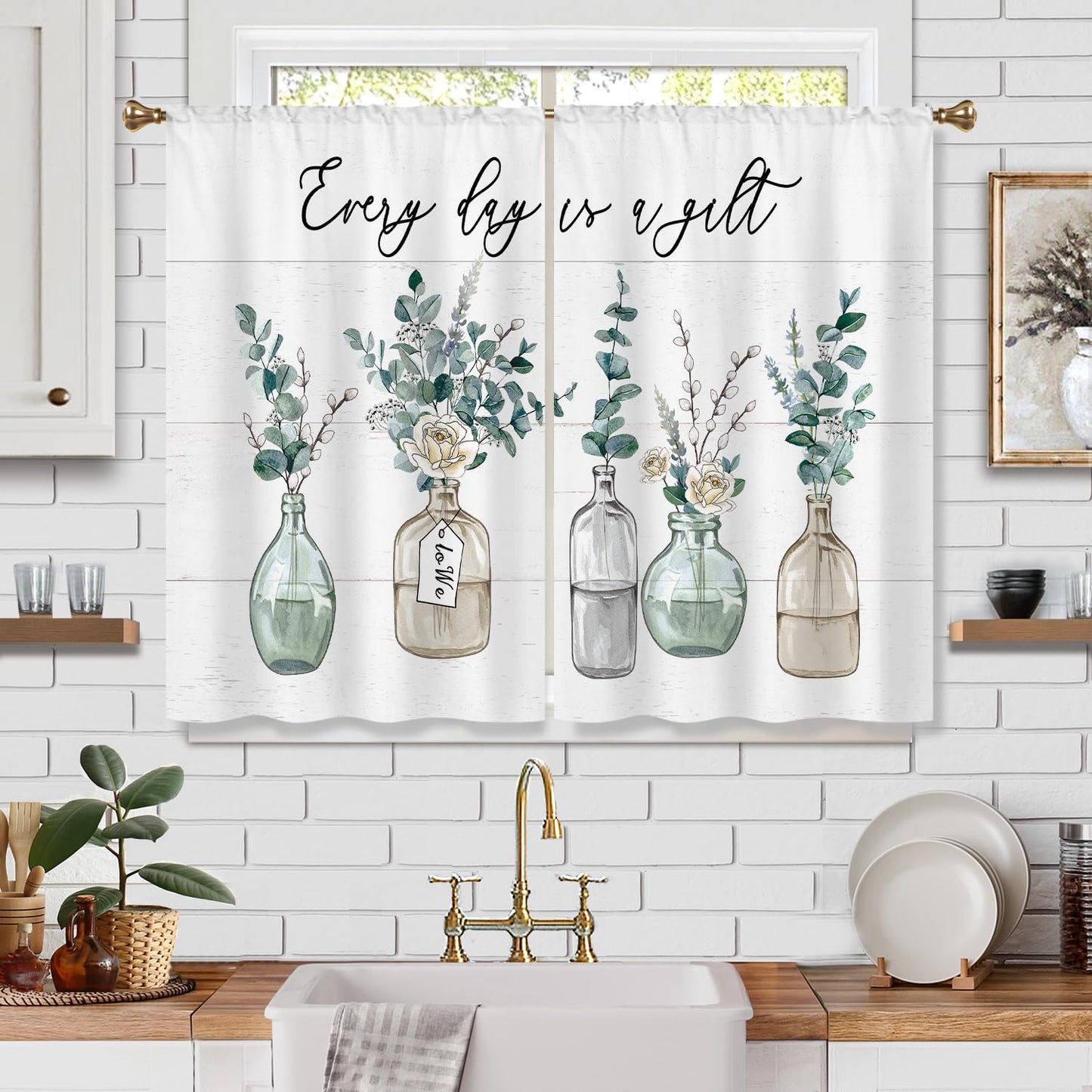 Cizuug Eucalyptus Bottles Plant Kitchen Curtains Green Leaf BotanicalSage Small Short Cafe Window Curtains Farmhouse Rustic Floral Vase Bathroom Tier Window Treatment Drapes 2 Panels