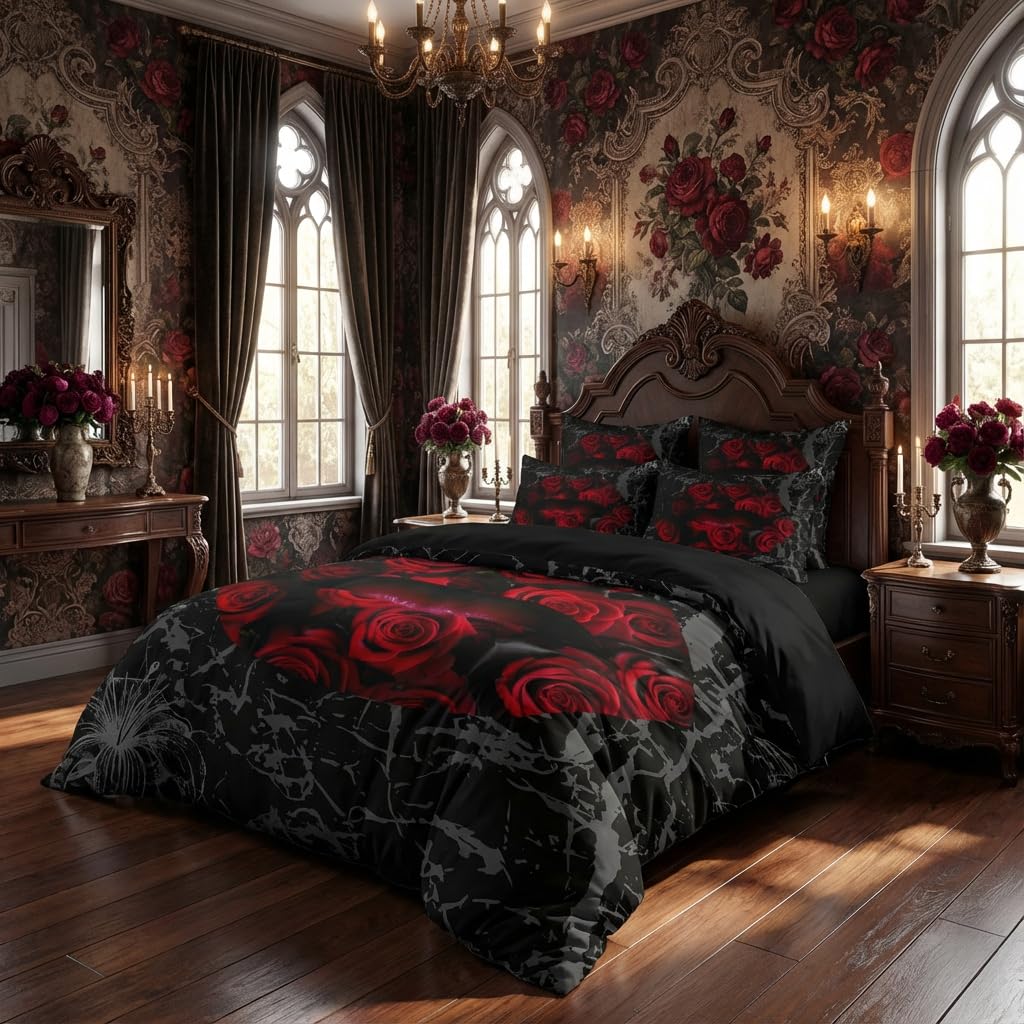 CCoutueChen Black Red Rose Lips Comforter Set Queen Size 3 Pieces, Gothic Floral Bedding Set, Dark Romantic Red Rose Print Comforter, Soft Microfiber All Season Bedroom Decor with 2 Pillow Shams