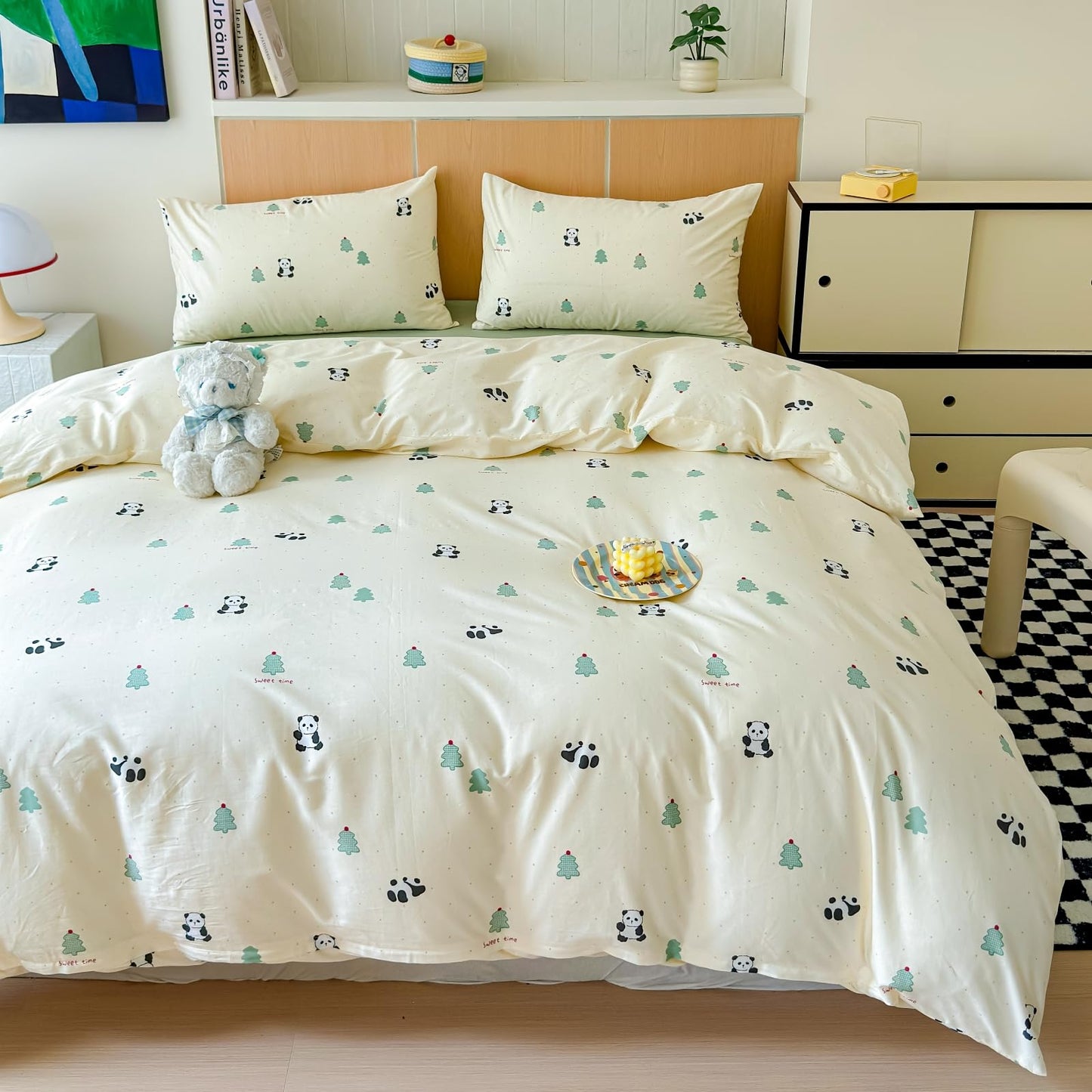 LIWHENHAO Panda Duvet Cover Set Twin 100% Cotton Bedding Cartoon Balck White Panda Green Pine Christmas Tree 1 Cute Kawaii Dot Comforter Cover Zipper Closure 2 Pillowcases for Kids Girls Boys
