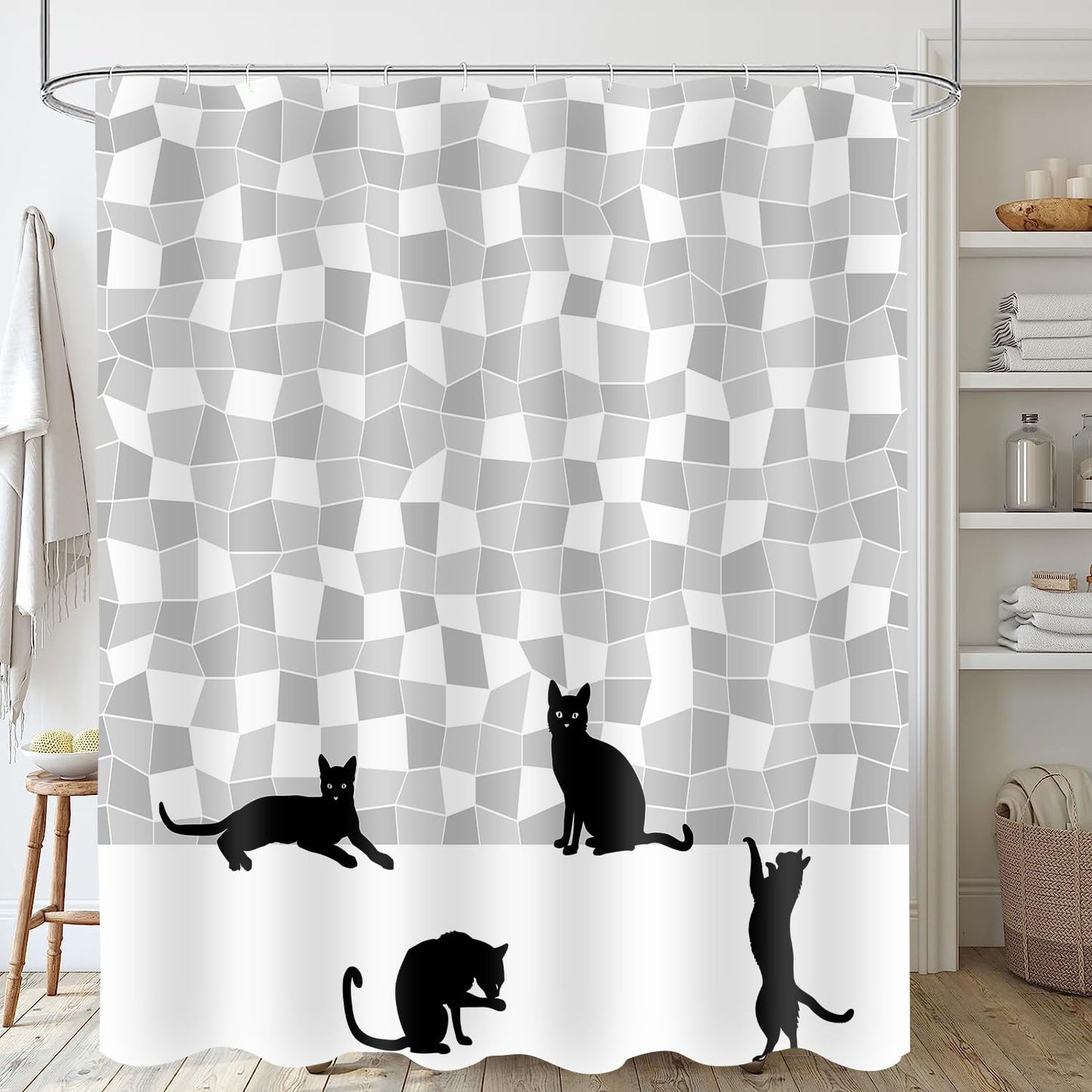Emwnodti Funny Shower Curtain Set, Cute Black Cat Gray White Mosaic Bath Curtain, Fun Silhouette Shower Curtain Polyester Fabric Waterproof Durable, 12 Hooks 72x72 inch
