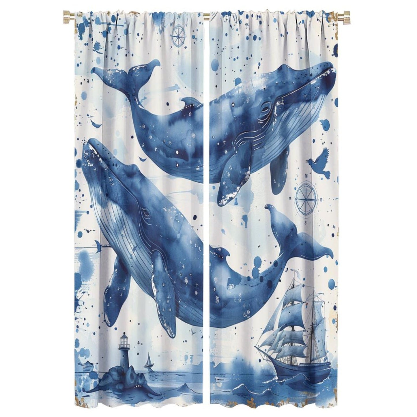 TOWINSFB Nautical Sailboat Whale Blackout Curtains, Retro Lighthouse Ship Compass Home Decor Rod Pocket Window Drapes for Living Room Bedroom - 2 Panels, Each 21" W x 63" L