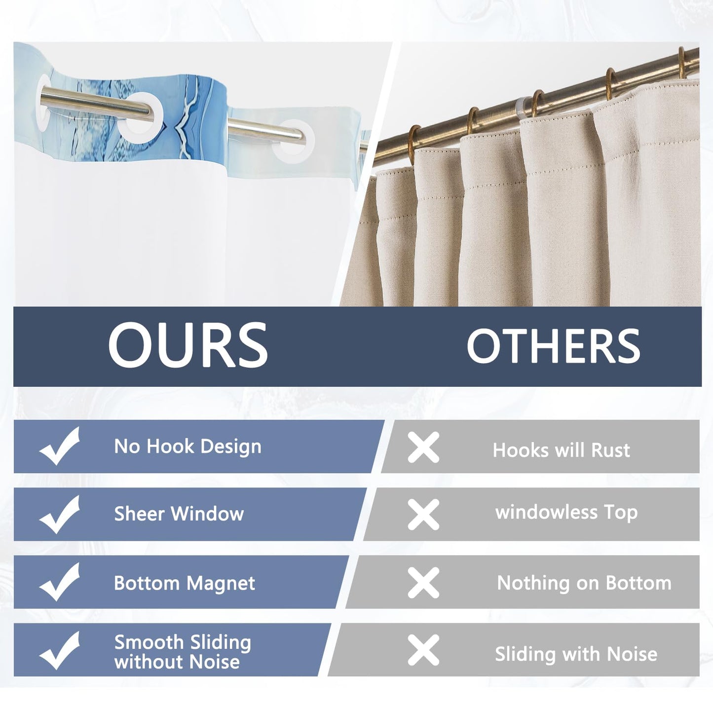 NAEMBCU No Hook Shower Curtain Set with Snap-in Liner 71x74 Inch