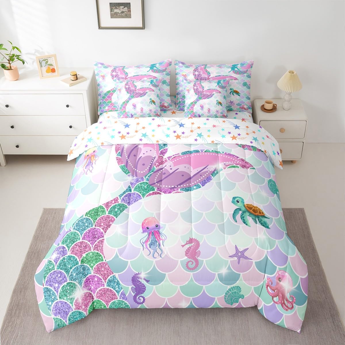 Ocean Mermaid Queen Comforter Set with Sheets | Nautical Sea Animal Kawaii 7 Piece Bedding Set Mermaid Gifts for Girls Jellyfish Sea Turtle Bed in a Bag, Glitter Sequins Print Fish Scale Room Decor
