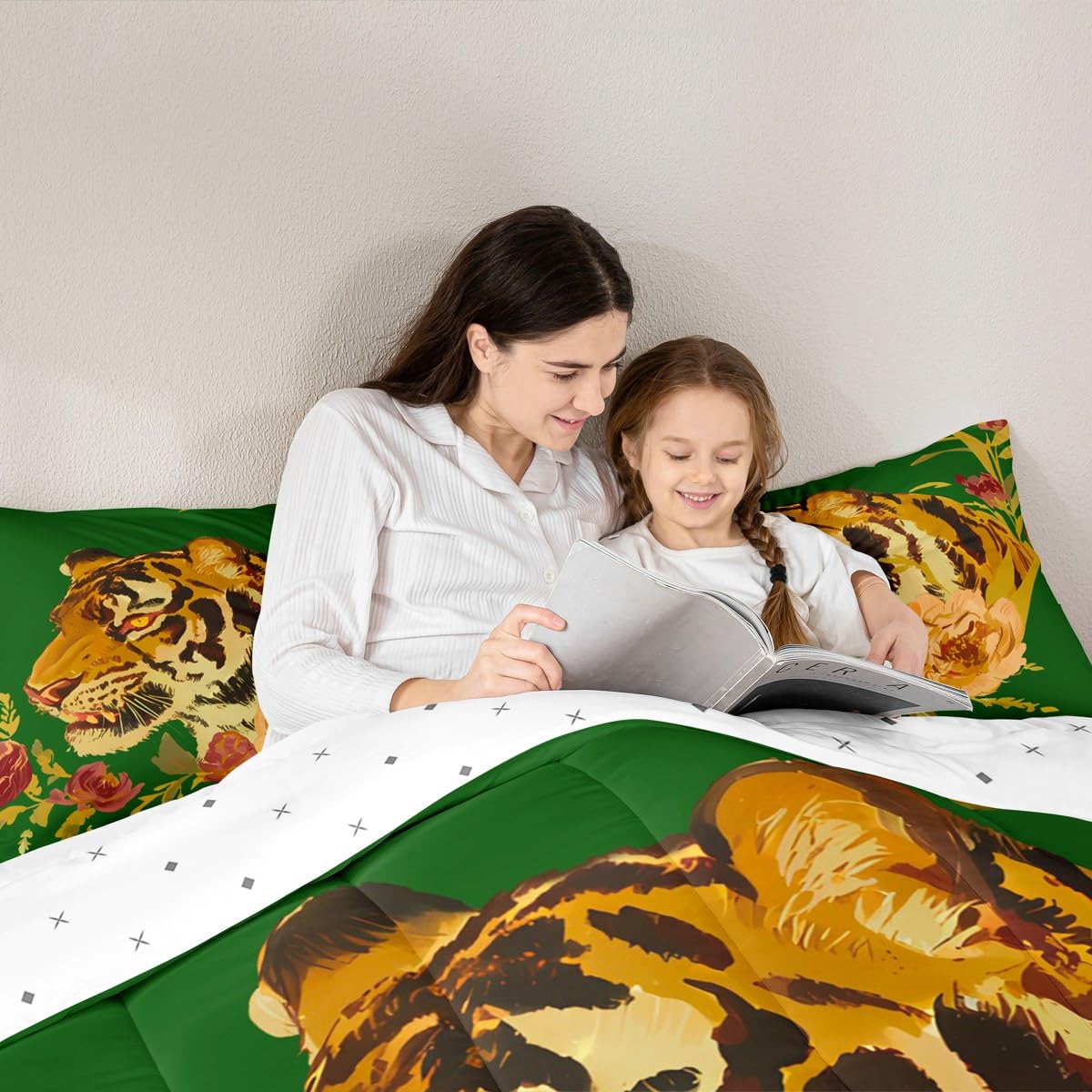 Erosebridal Tiger Comforter Set Twin Size Modern Flowers Bedding Set for Kids Girls BoysGreen Red Romantic Roses Comforter Wild Animals Plants Quilt Bedroom Decor