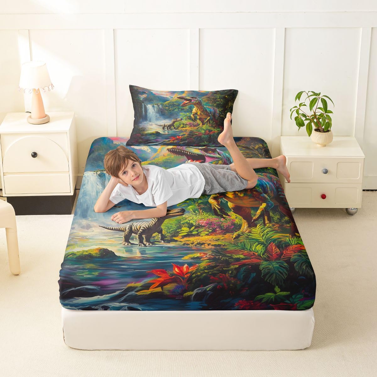 Feelyou Dinosaur Bed Sheets Set Twin Size 3D Digital Print Bed Set for Kids Boys Girls Jungle Dino Deep Pocket Fitted Sheet Wild Animal Breathable Soft Lightweight Microfiber Green Blue